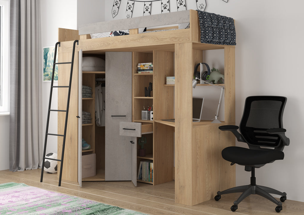 Etagenbett FLO-L mit Leiter  links, Eckkleiderschrank und Schreibtisch