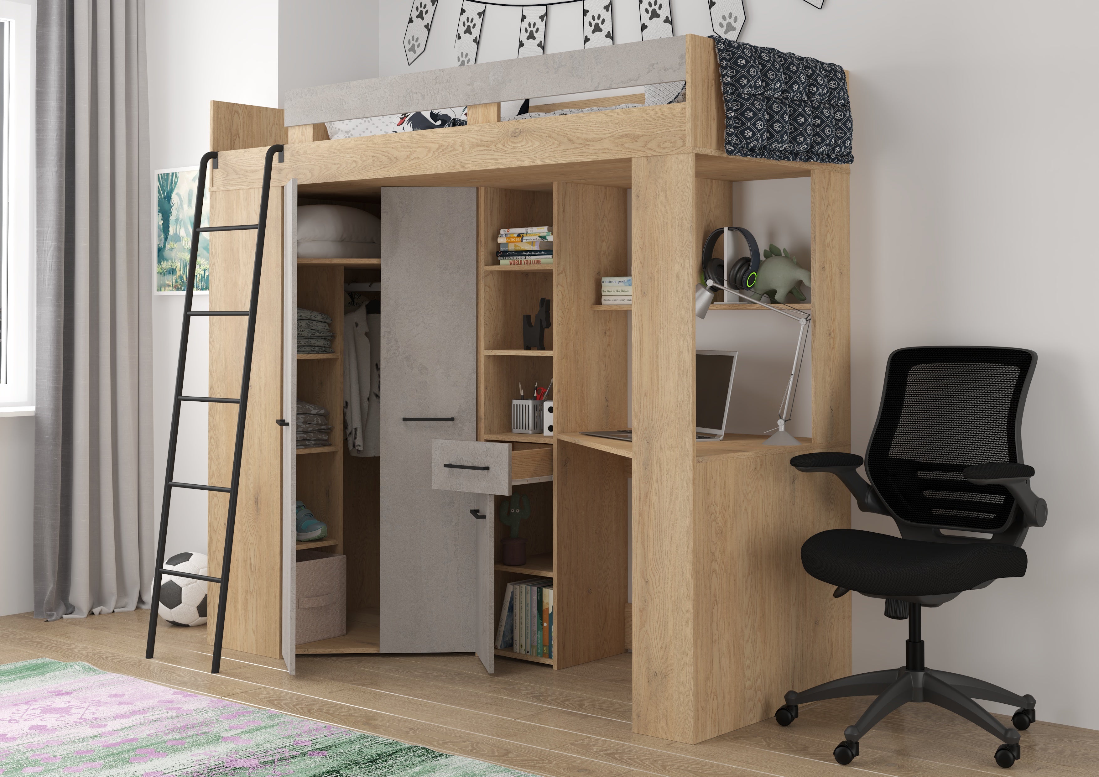Etagenbett FLO-L mit Leiter  links, Eckkleiderschrank und Schreibtisch