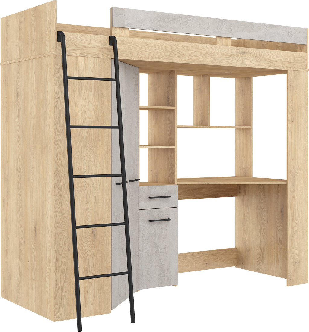 Etagenbett FLO-L mit Leiter  links, Eckkleiderschrank und Schreibtisch