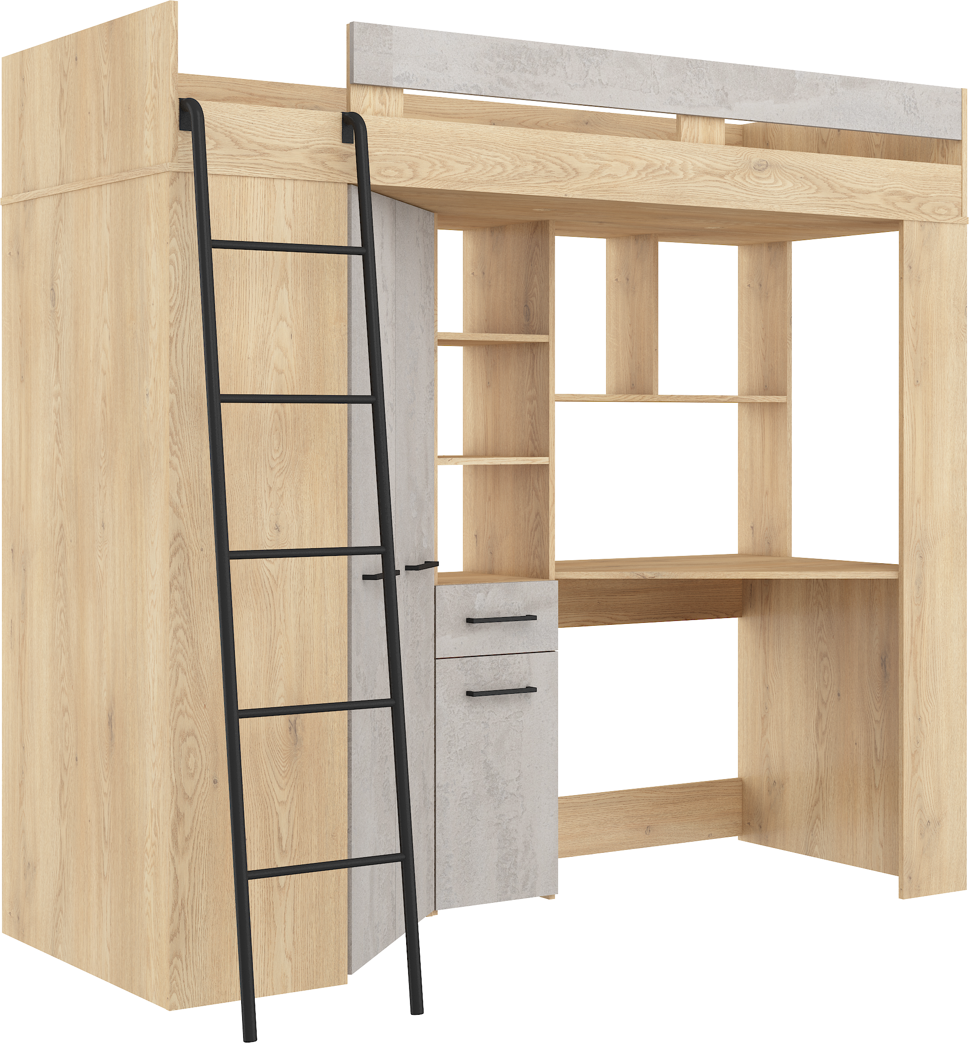 Etagenbett FLO-L mit Leiter  links, Eckkleiderschrank und Schreibtisch