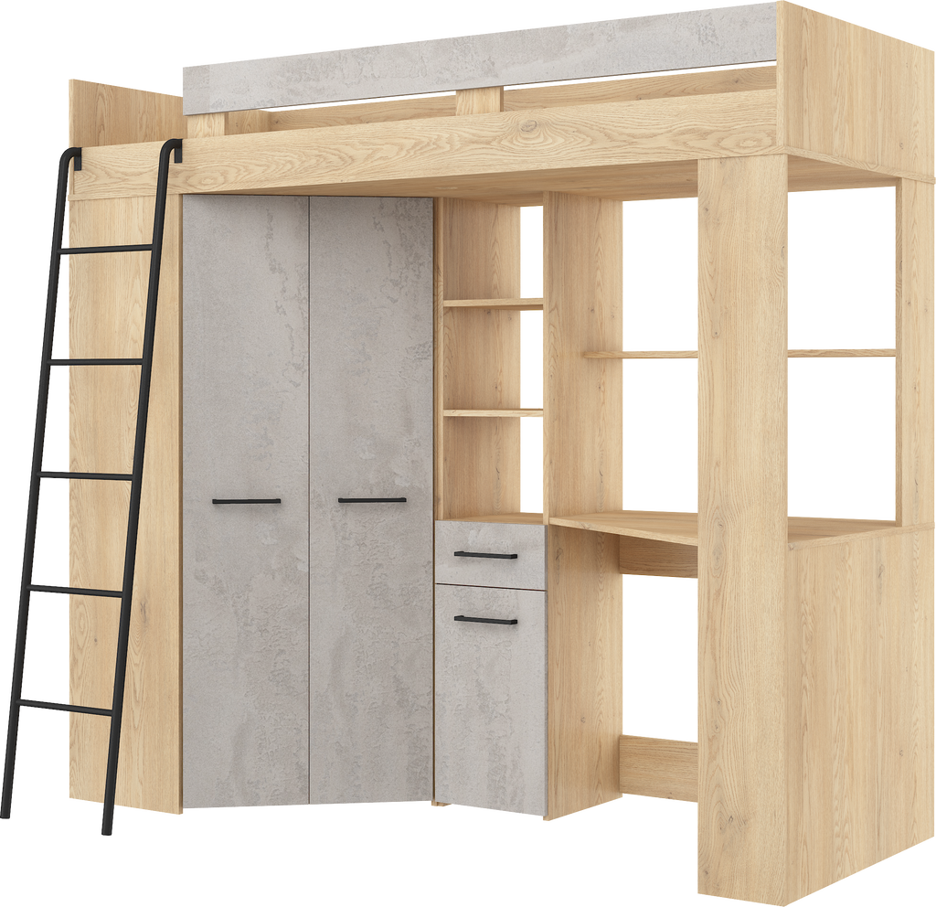 Etagenbett FLO-L mit Leiter  links, Eckkleiderschrank und Schreibtisch