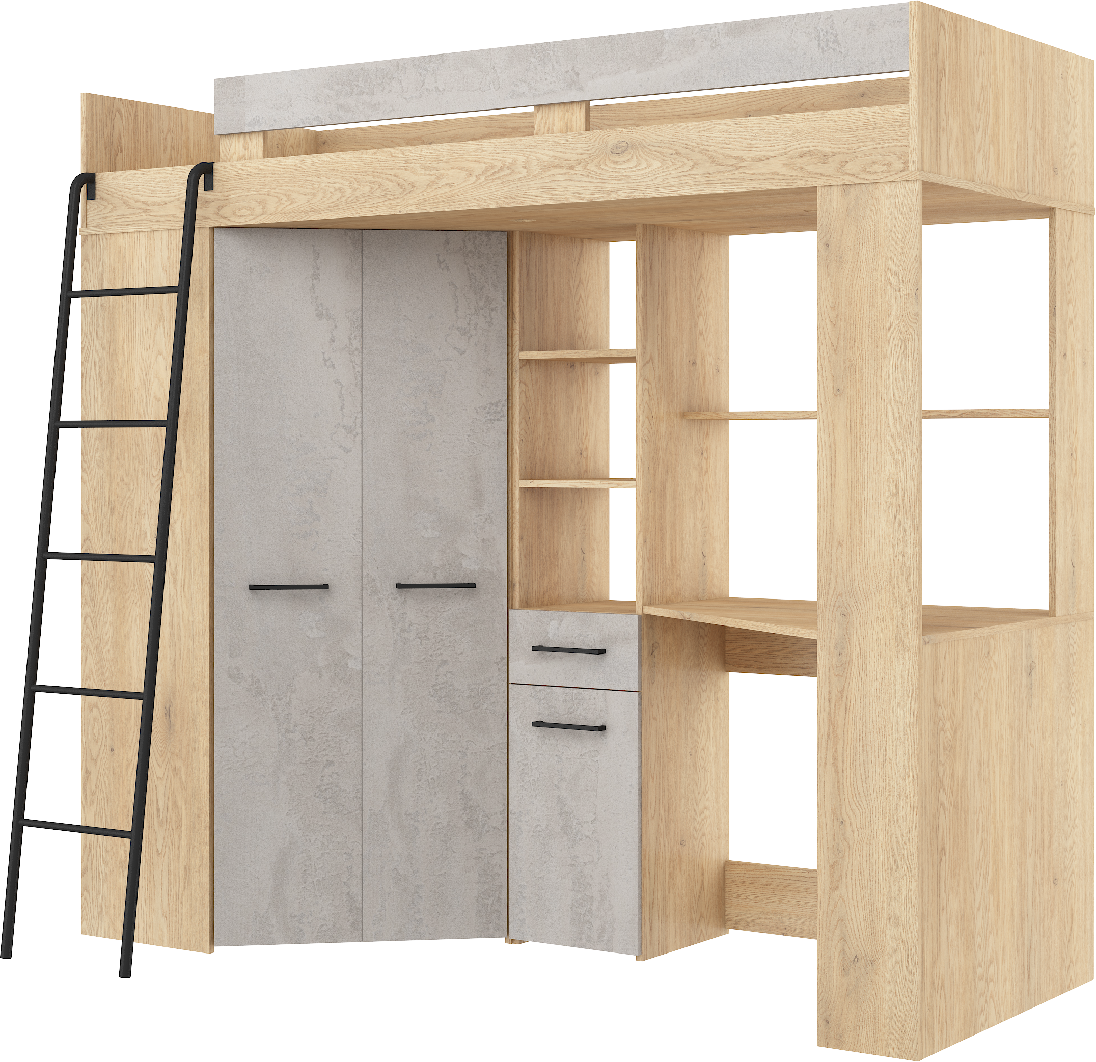 Etagenbett FLO-L mit Leiter  links, Eckkleiderschrank und Schreibtisch