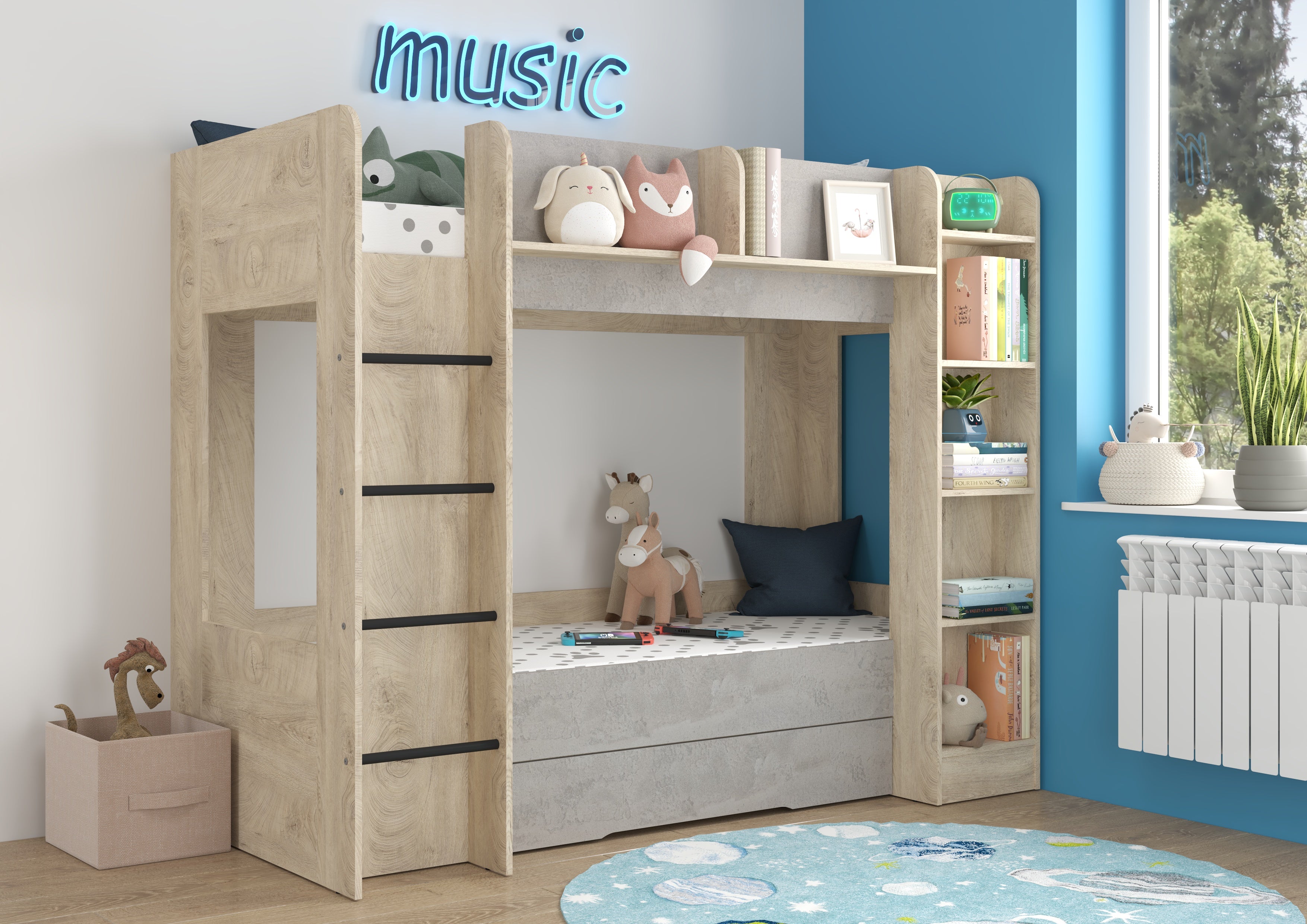 Etagenbett EVE-L für 2 Personen – 2 × 80 × 200 cm mit Schublade und Regalen