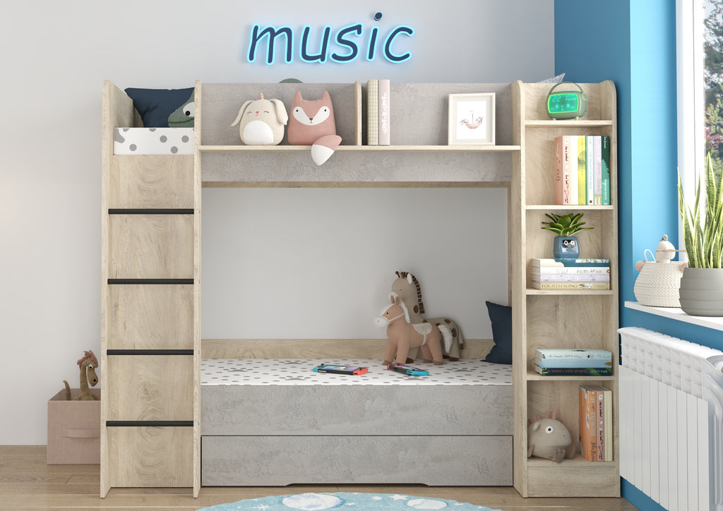 Etagenbett EVE-L für 2 Personen – 2 × 80 × 200 cm mit Schublade und Regalen