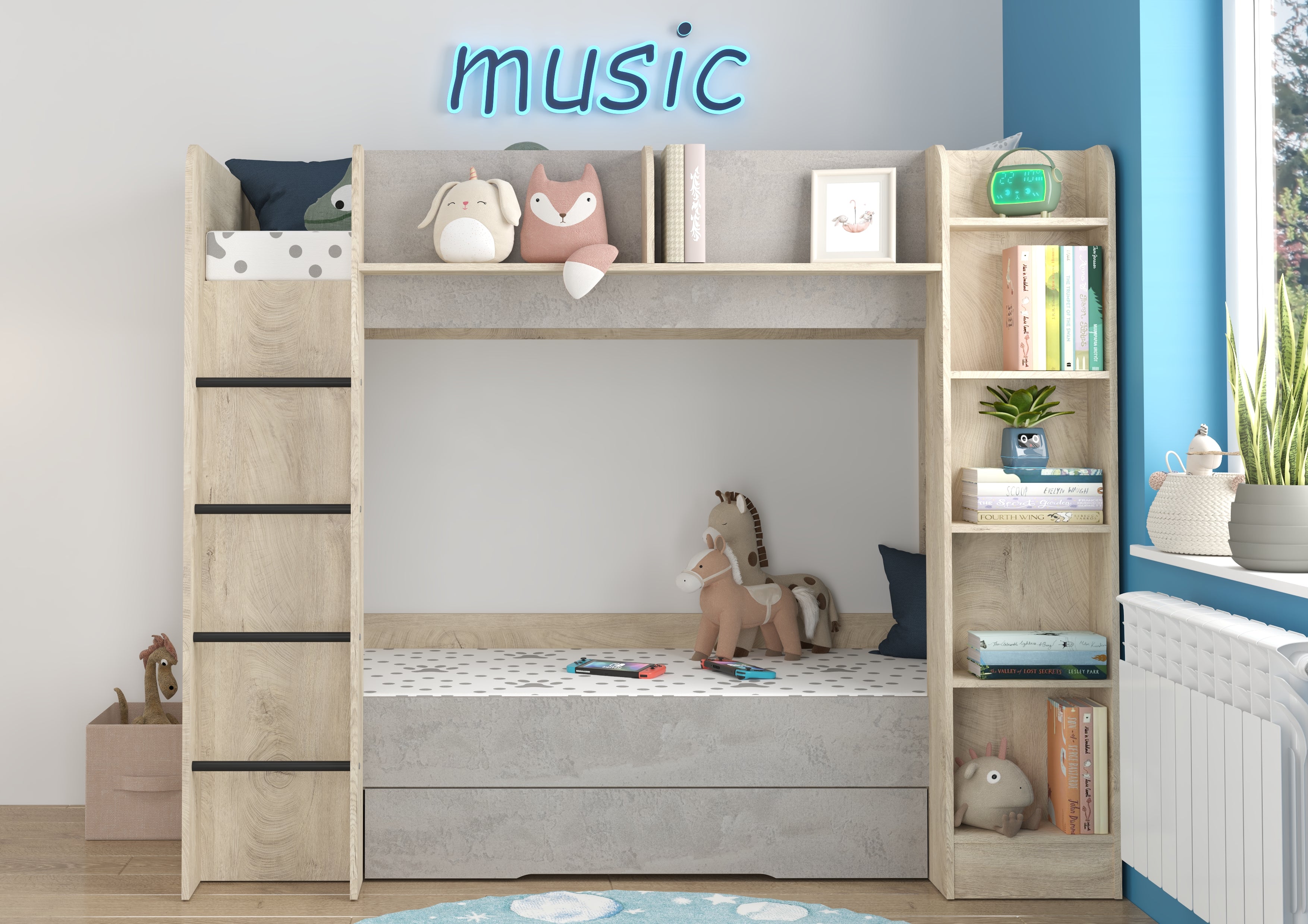 Etagenbett EVE-L für 2 Personen – 2 × 80 × 200 cm mit Schublade und Regalen