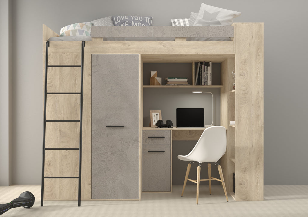 Etagenbett VER-L mit Leiter links, Kleiderschrank, Schreibtisch und viele Regale