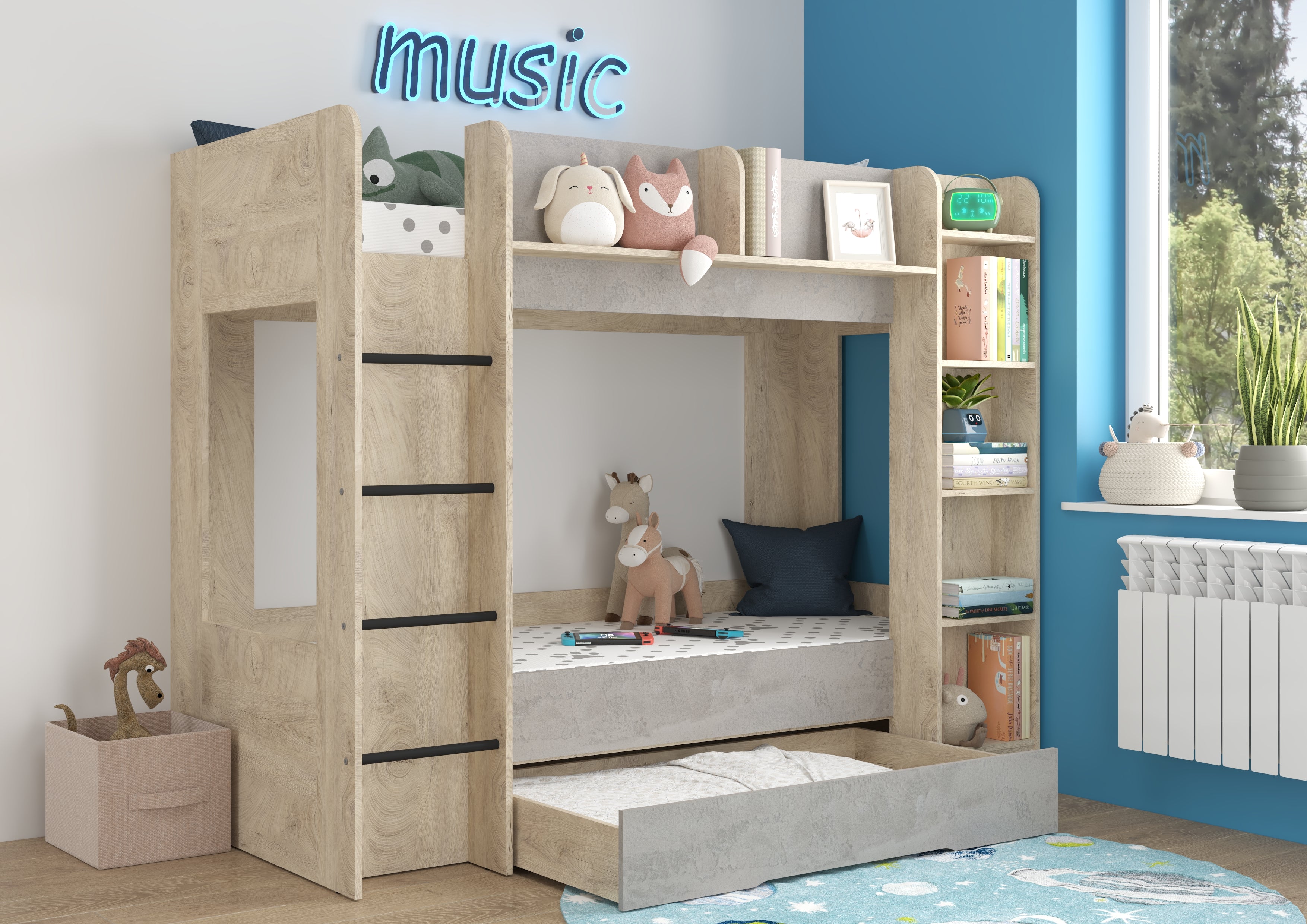 Etagenbett EVE-L für 2 Personen – 2 × 80 × 200 cm mit Schublade und Regalen