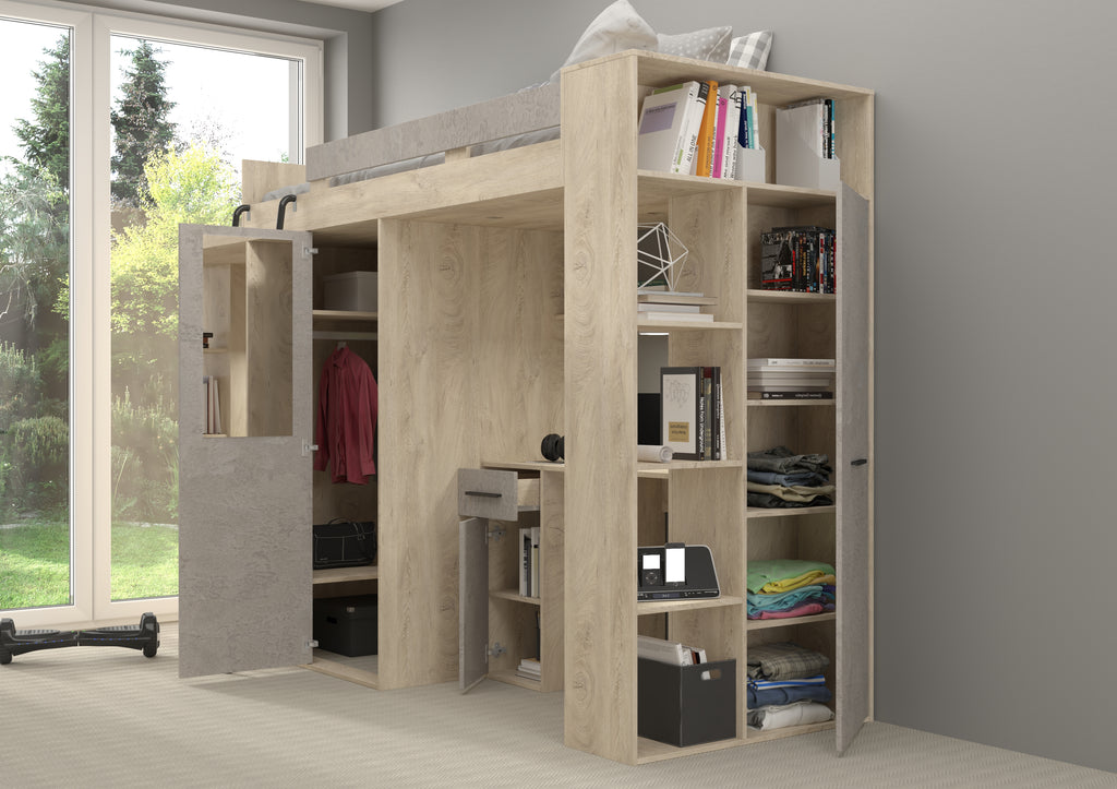 Etagenbett VER-L mit Leiter links, Kleiderschrank, Schreibtisch und viele Regale