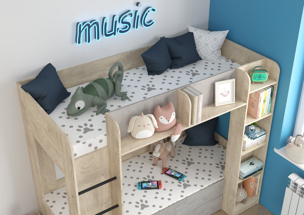 Etagenbett EVE-L für 2 Personen – 2 × 80 × 200 cm mit Schublade und Regalen