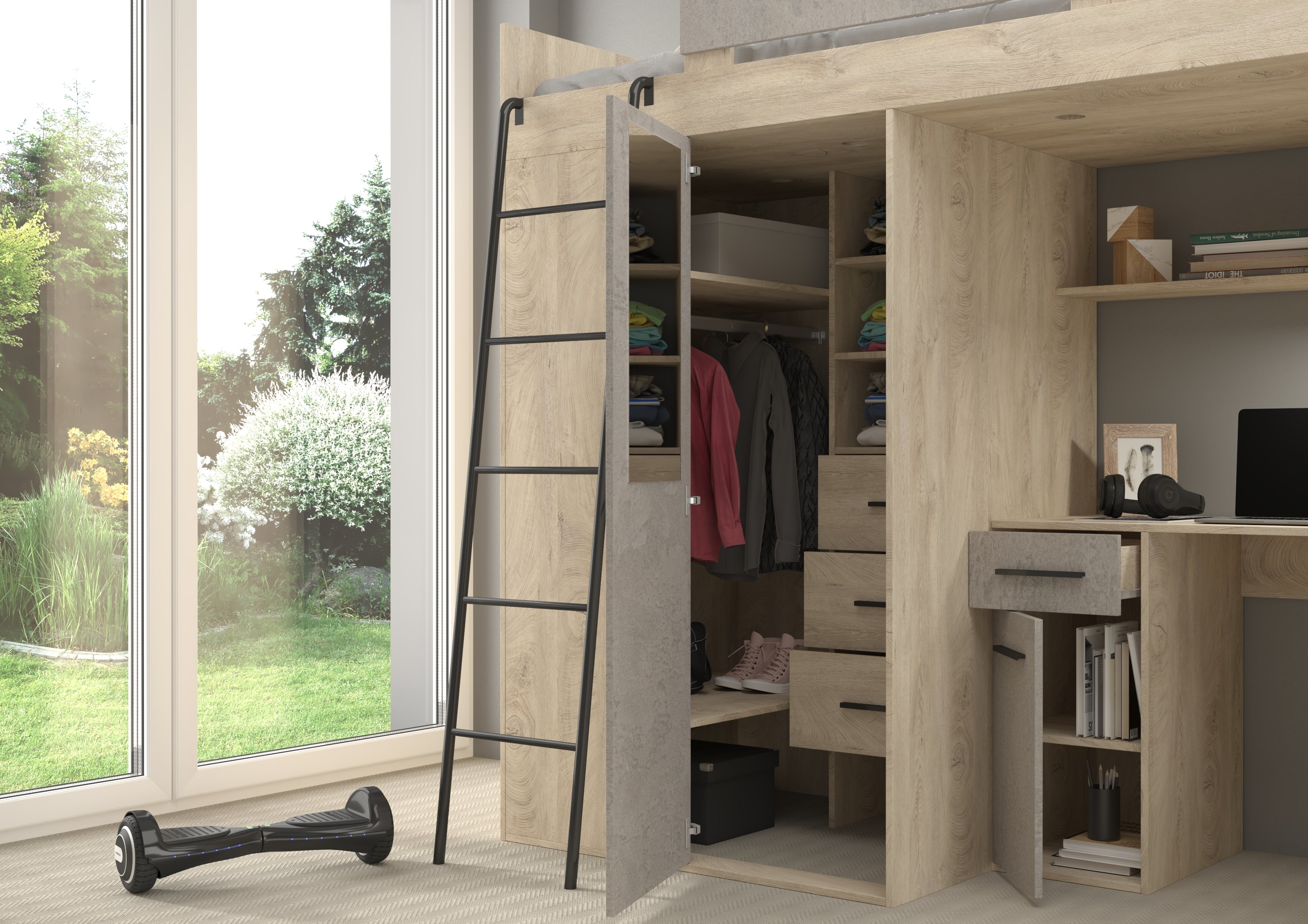 Etagenbett VER-L mit Leiter links, Kleiderschrank, Schreibtisch und viele Regale
