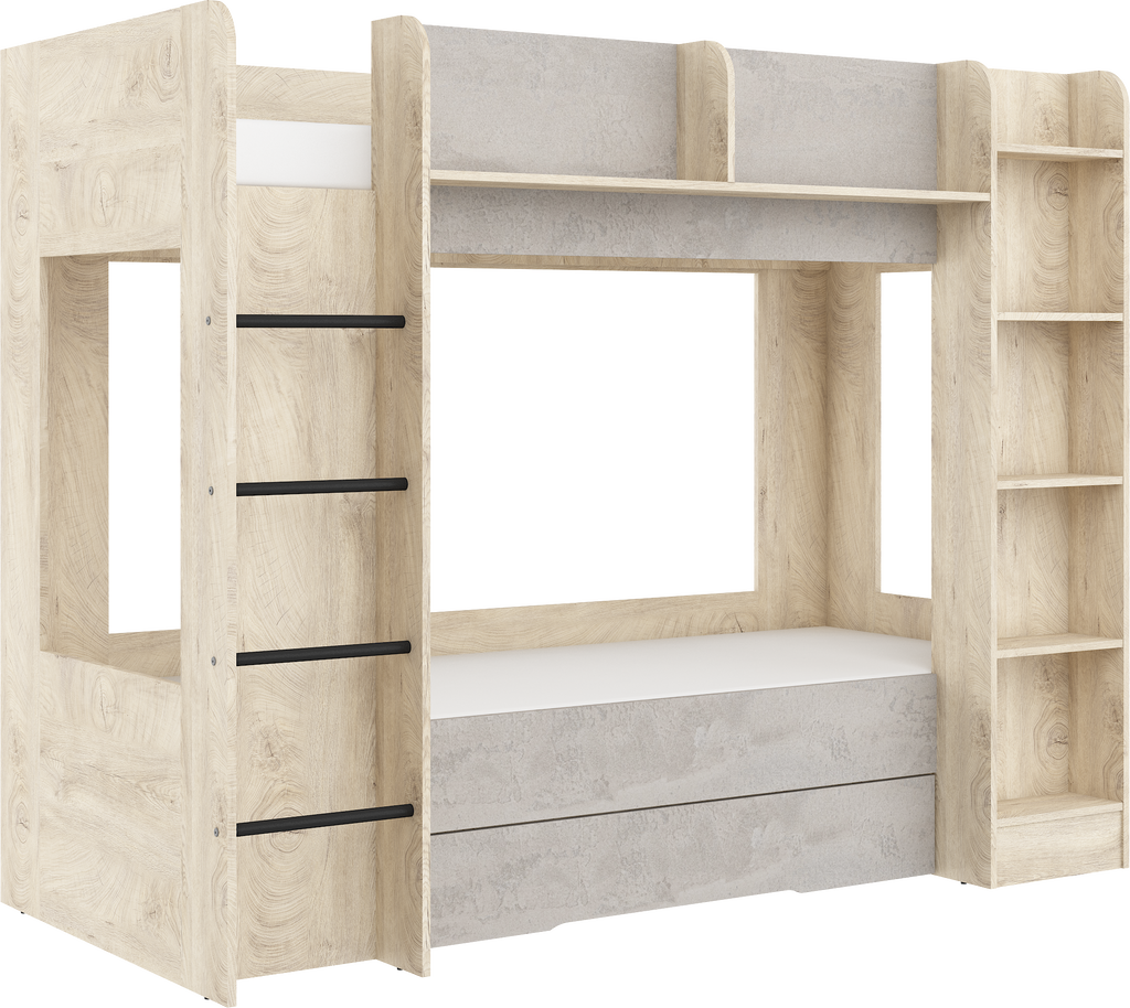 Etagenbett EVE-L für 2 Personen – 2 × 80 × 200 cm mit Schublade und Regalen