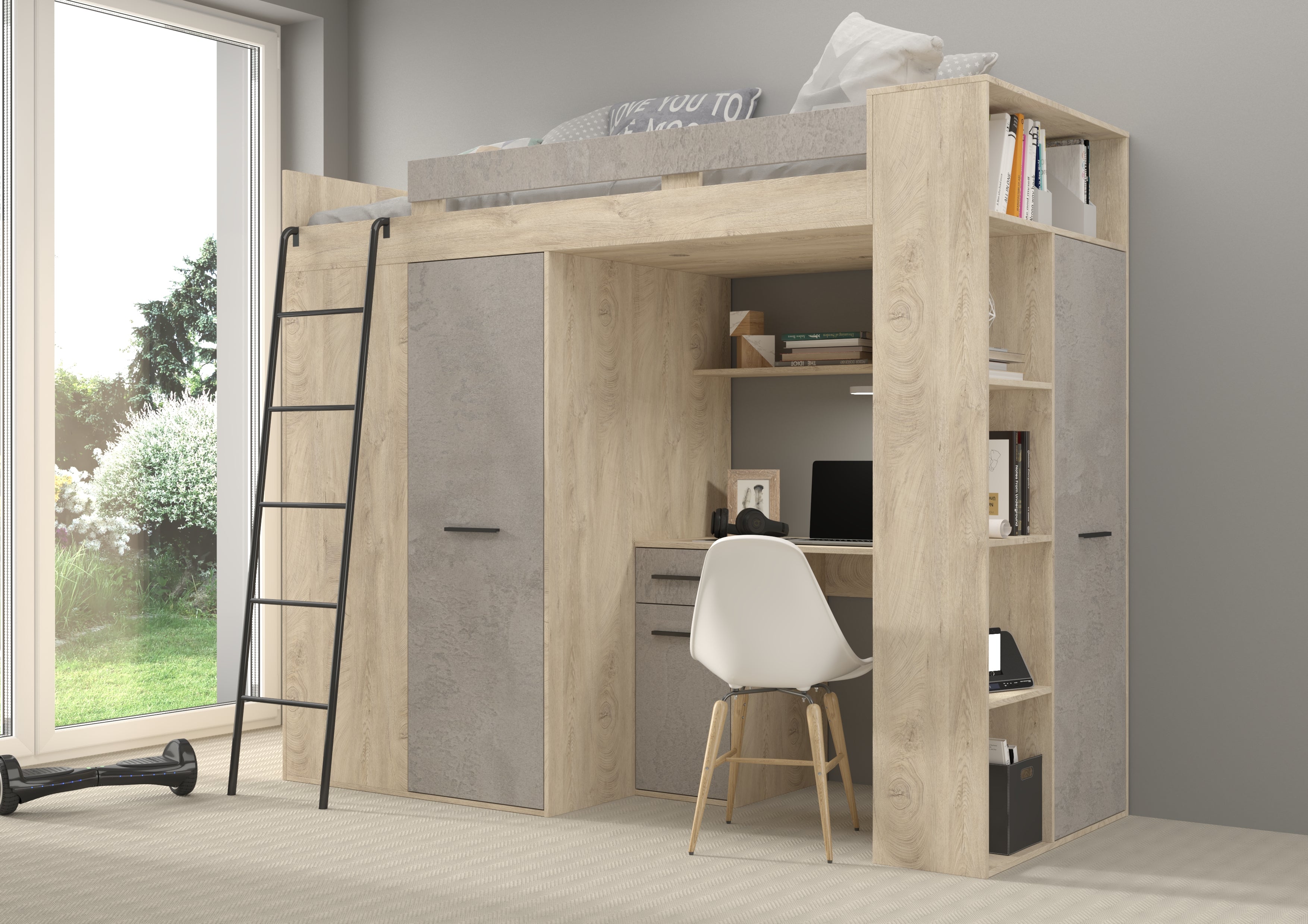 Etagenbett VER-L mit Leiter links, Kleiderschrank, Schreibtisch und viele Regale