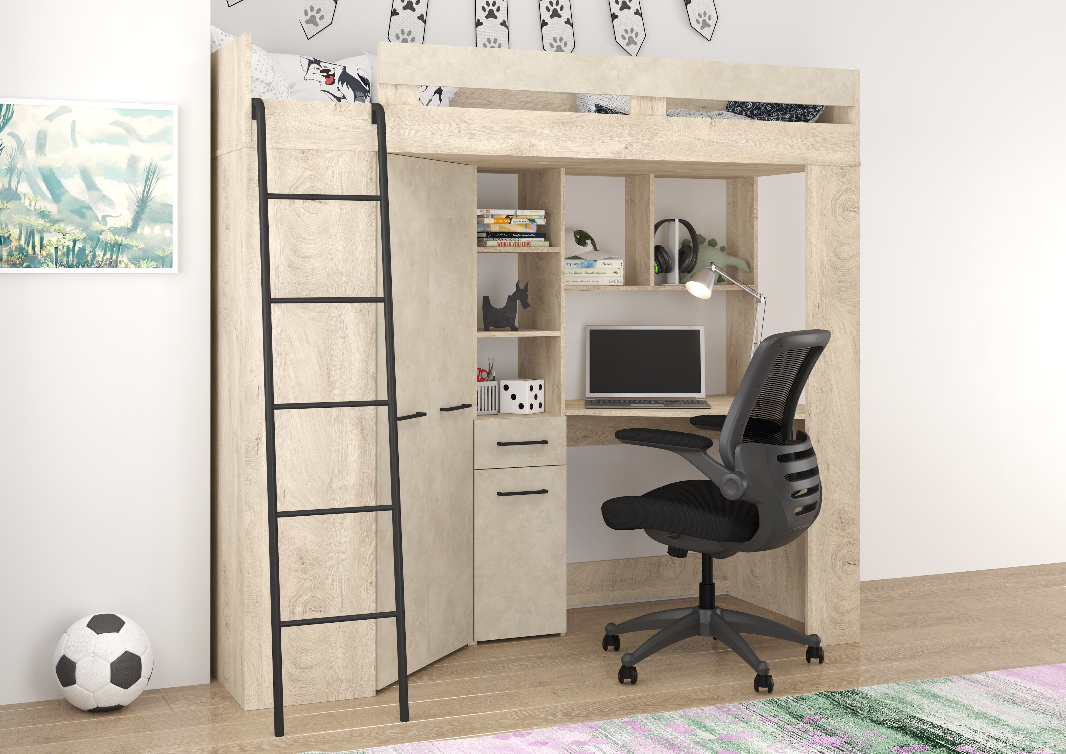 Etagenbett FLO-L mit Leiter  links, Eckkleiderschrank und Schreibtisch