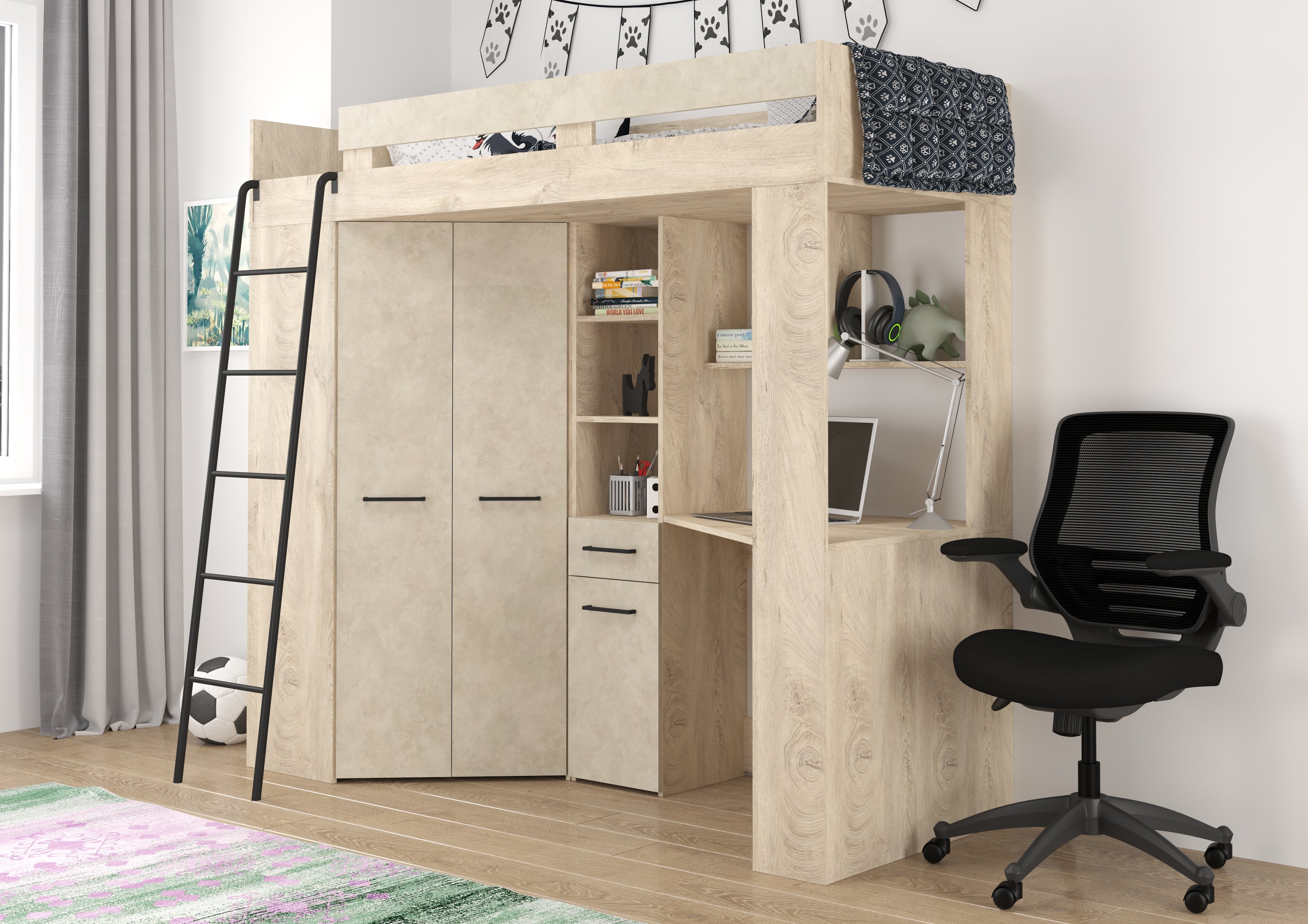 Etagenbett FLO-L mit Leiter  links, Eckkleiderschrank und Schreibtisch