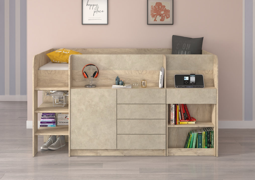 Etagenbett SMI-L mit Treppe links, Ausziehbarer Schreibtisch und kleiner Schrank