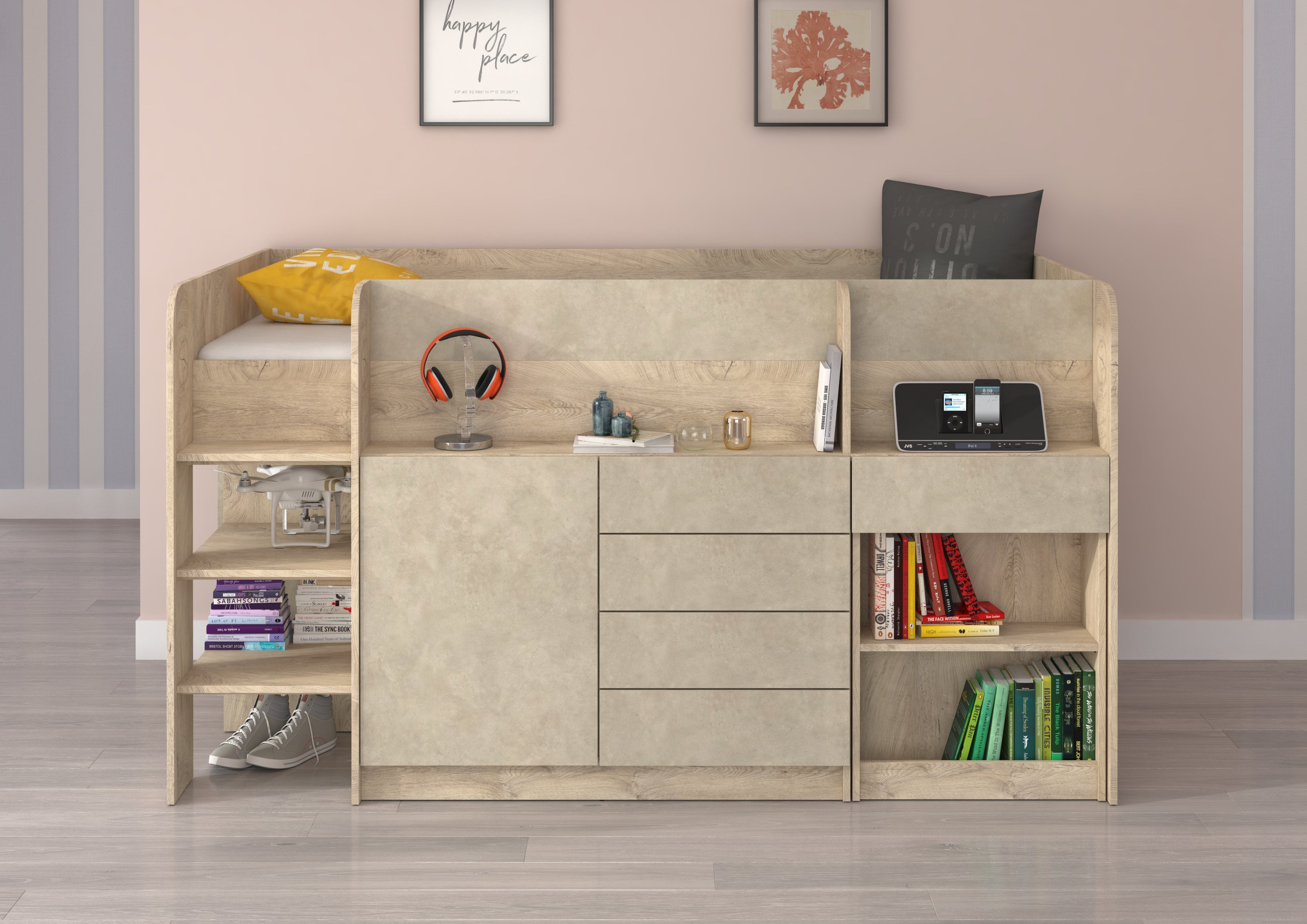 Etagenbett SMI-L mit Treppe links, Ausziehbarer Schreibtisch und kleiner Schrank