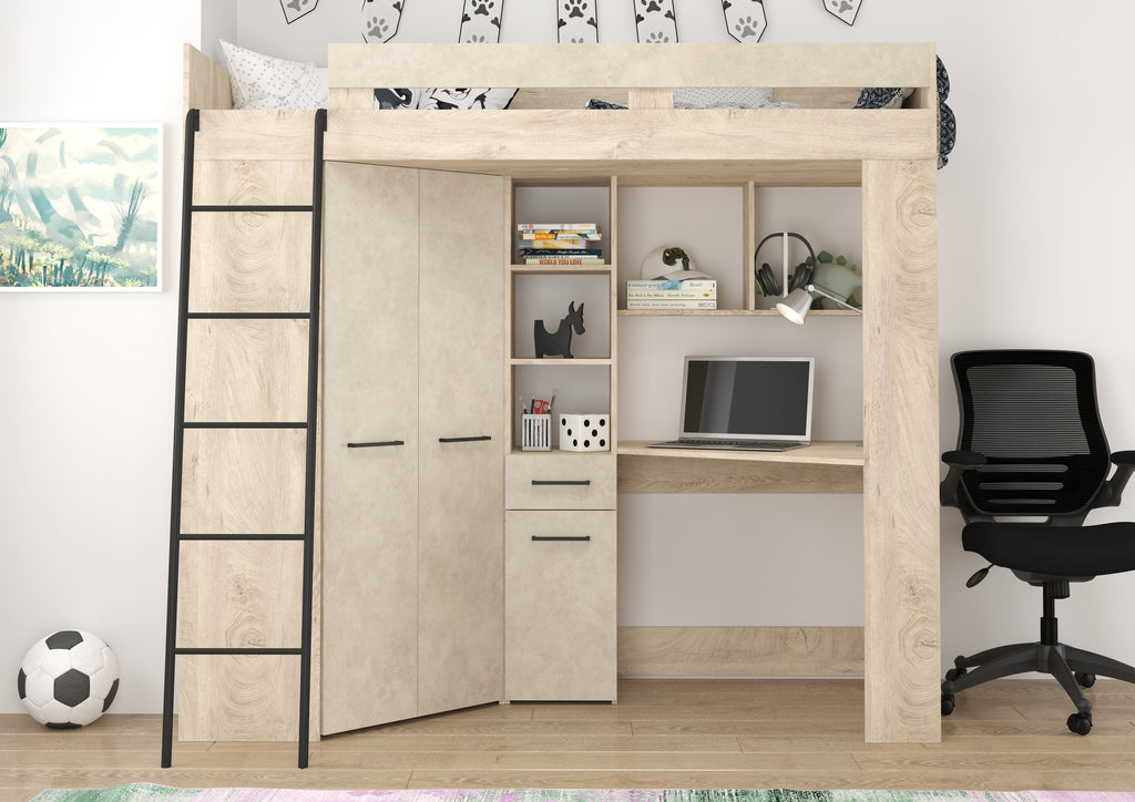 Etagenbett FLO-L mit Leiter  links, Eckkleiderschrank und Schreibtisch