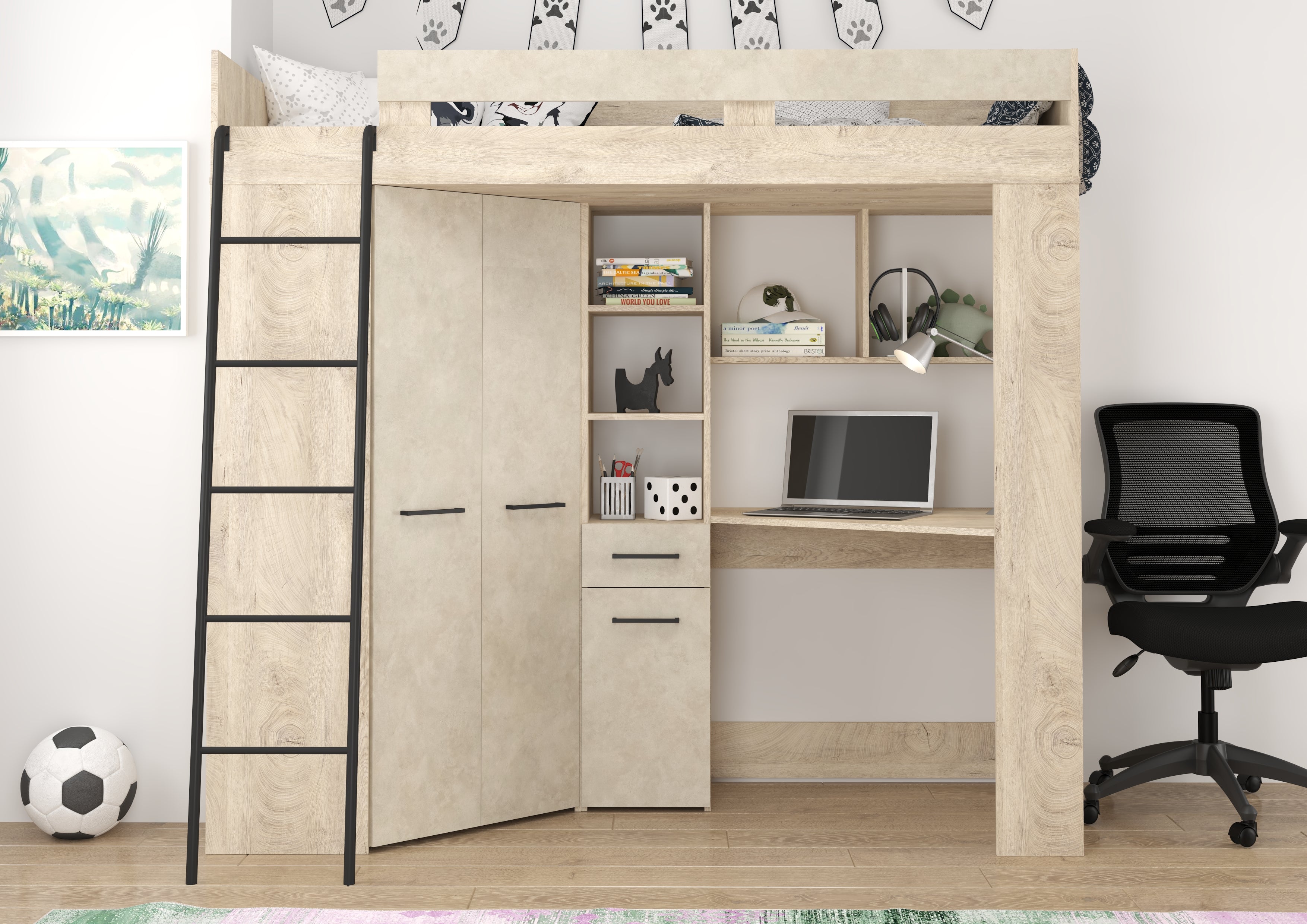 Etagenbett FLO-L mit Leiter  links, Eckkleiderschrank und Schreibtisch