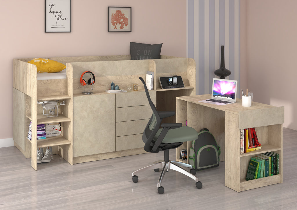Etagenbett SMI-L mit Treppe links, Ausziehbarer Schreibtisch und kleiner Schrank