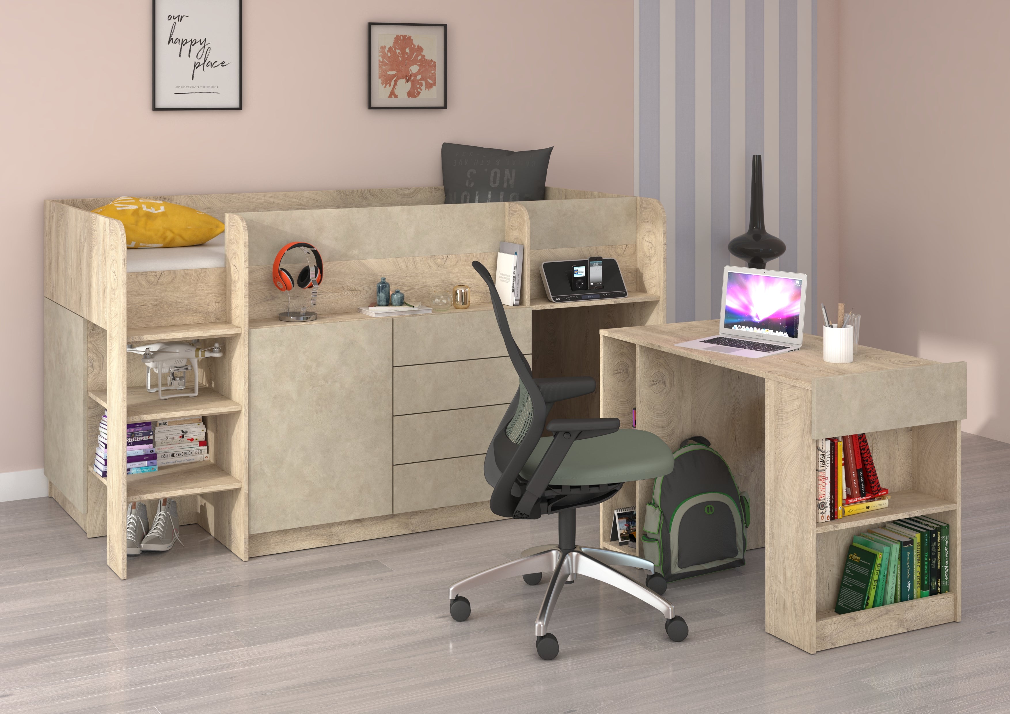 Etagenbett SMI-L mit Treppe links, Ausziehbarer Schreibtisch und kleiner Schrank