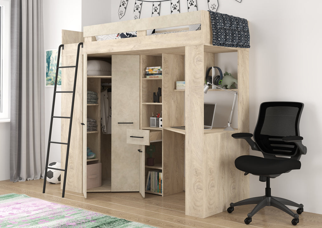 Etagenbett FLO-L mit Leiter  links, Eckkleiderschrank und Schreibtisch