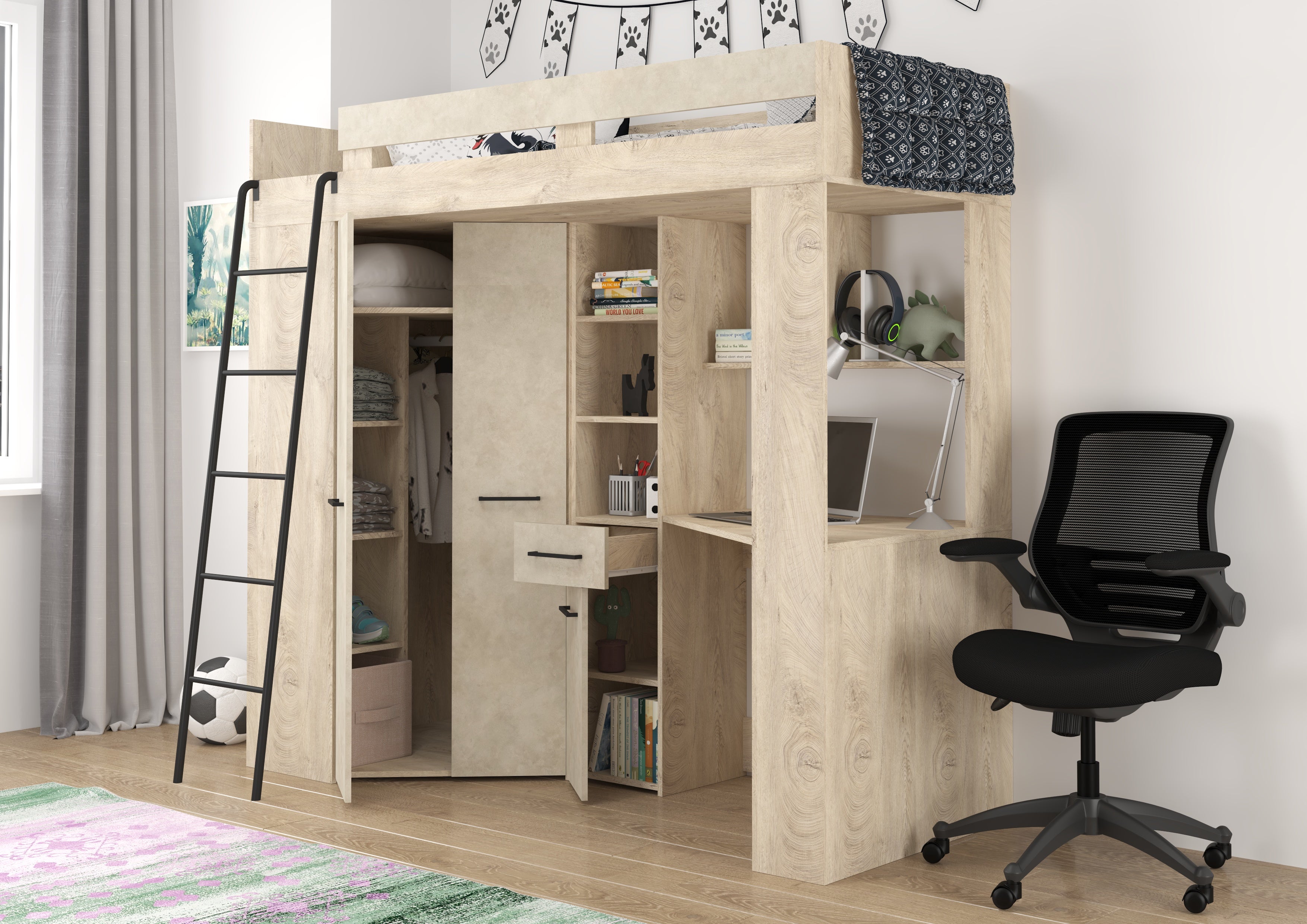 Etagenbett FLO-L mit Leiter  links, Eckkleiderschrank und Schreibtisch