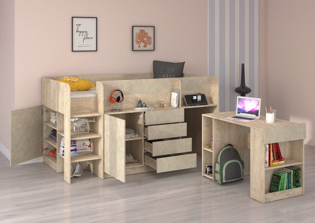 Etagenbett SMI-L mit Treppe links, Ausziehbarer Schreibtisch und kleiner Schrank