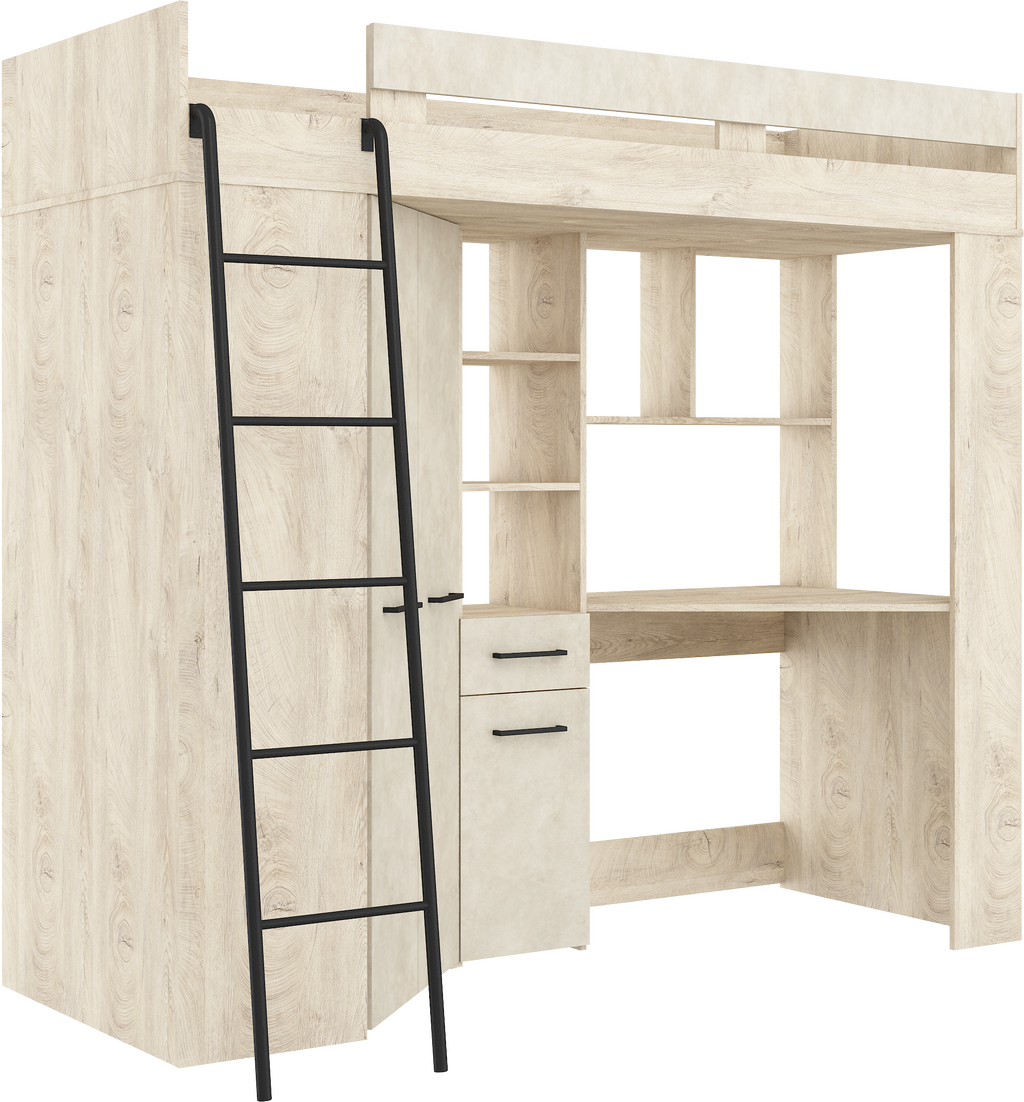 Etagenbett FLO-L mit Leiter  links, Eckkleiderschrank und Schreibtisch