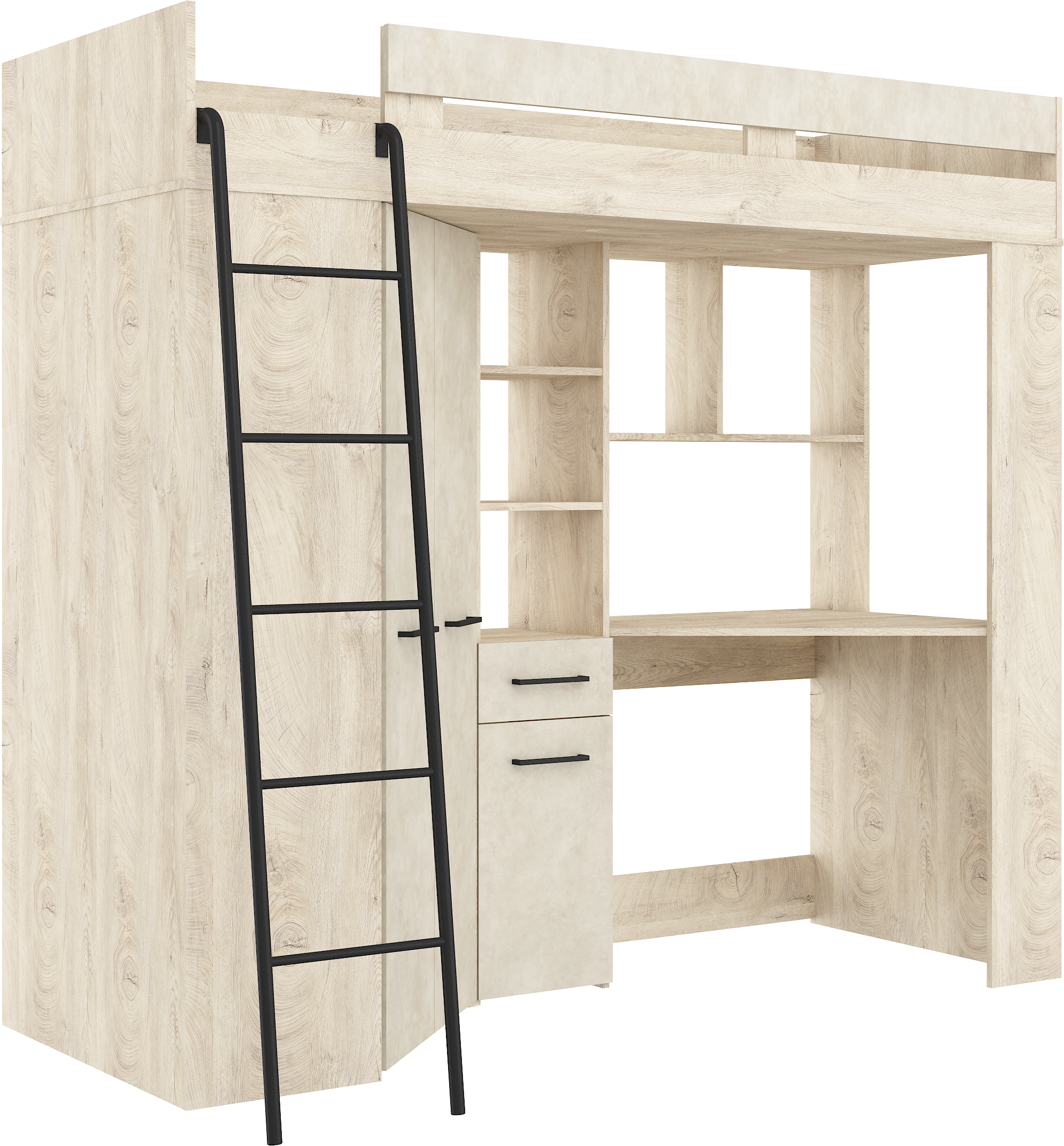 Etagenbett FLO-L mit Leiter  links, Eckkleiderschrank und Schreibtisch