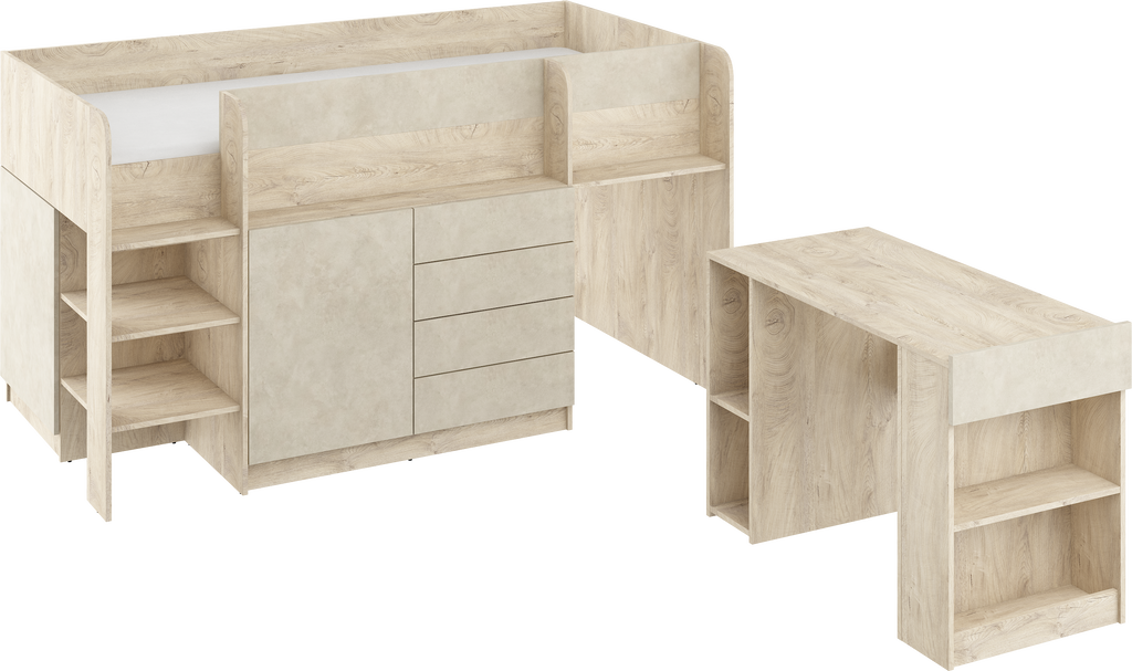 Etagenbett SMI-L mit Treppe links, Ausziehbarer Schreibtisch und kleiner Schrank
