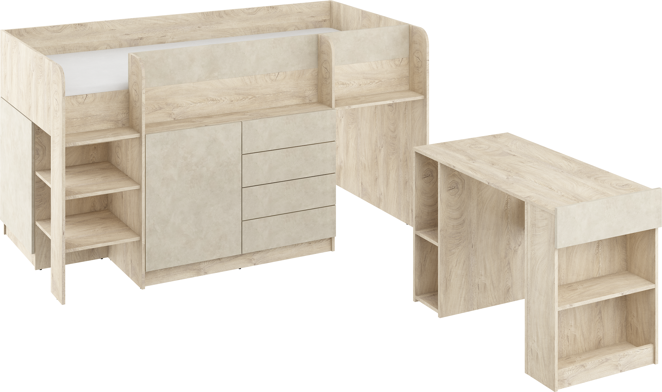Etagenbett SMI-L mit Treppe links, Ausziehbarer Schreibtisch und kleiner Schrank