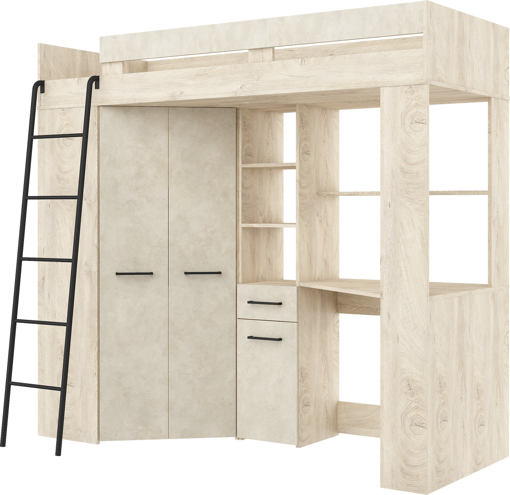 Etagenbett FLO-L mit Leiter  links, Eckkleiderschrank und Schreibtisch