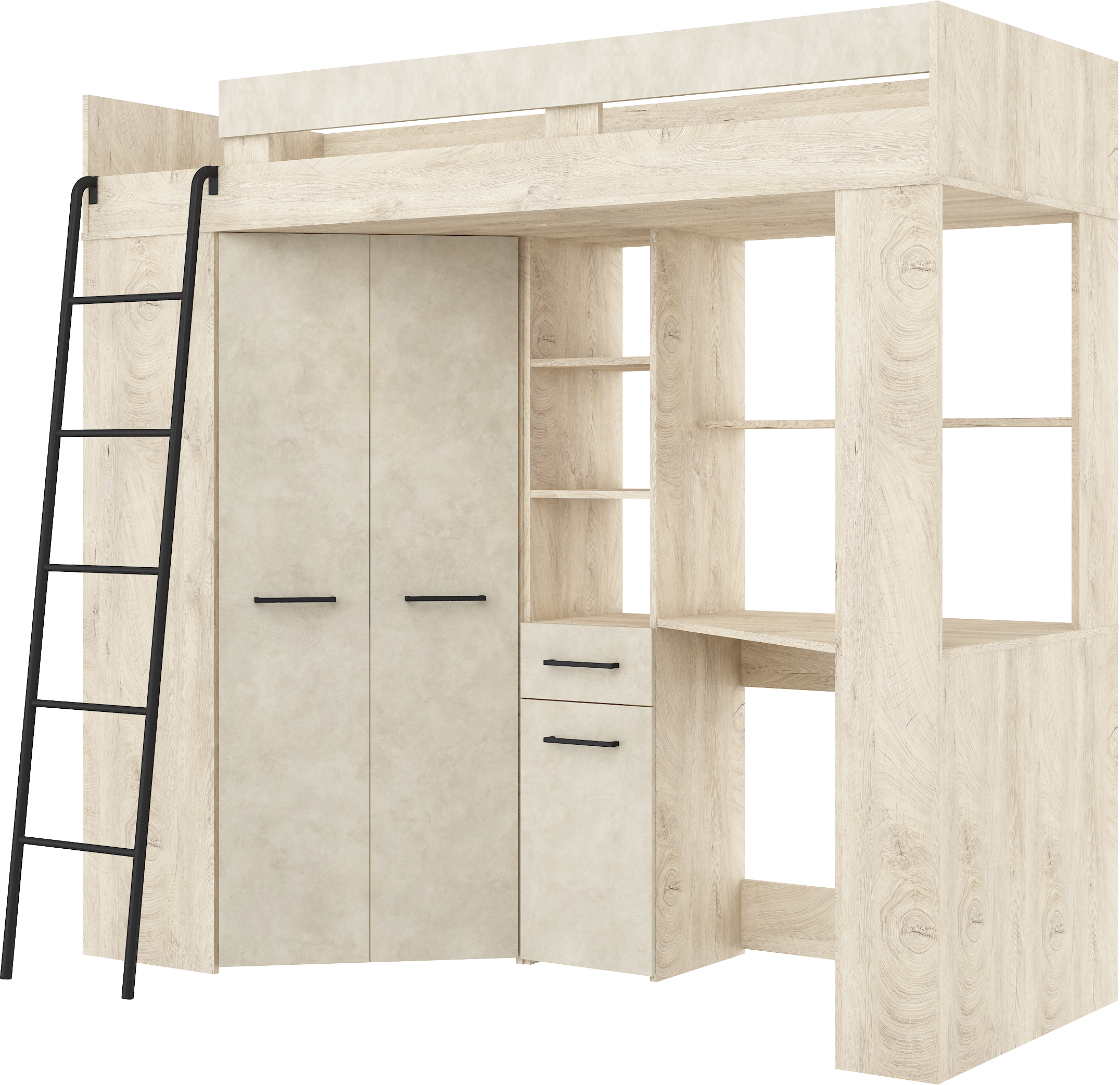 Etagenbett FLO-L mit Leiter  links, Eckkleiderschrank und Schreibtisch