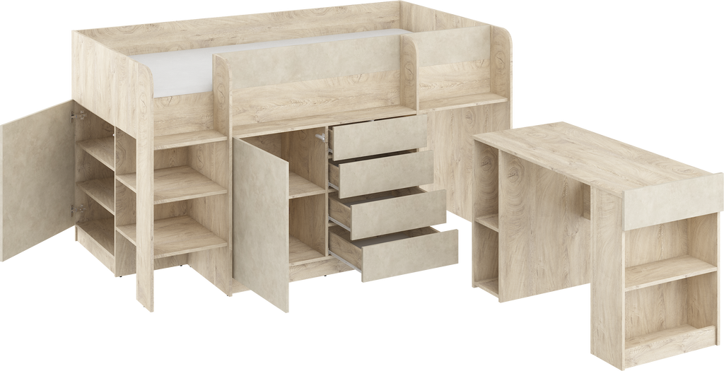 Etagenbett SMI-L mit Treppe links, Ausziehbarer Schreibtisch und kleiner Schrank