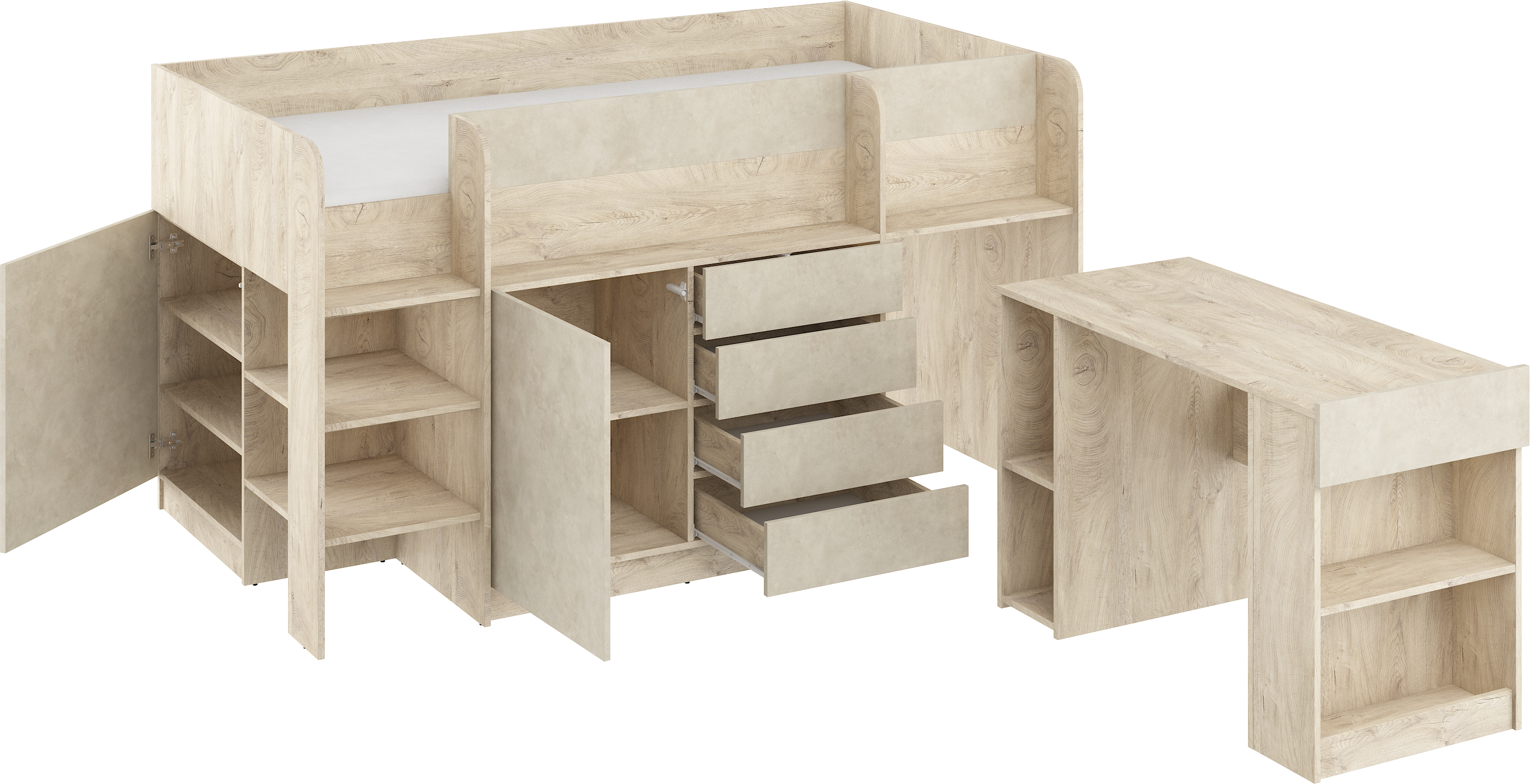 Etagenbett SMI-L mit Treppe links, Ausziehbarer Schreibtisch und kleiner Schrank