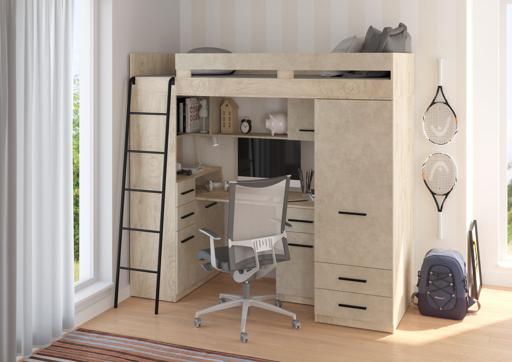 Etagenbett SMY-L mit Leiter links, Kleiderschrank, Schreibtisch und viele Regale