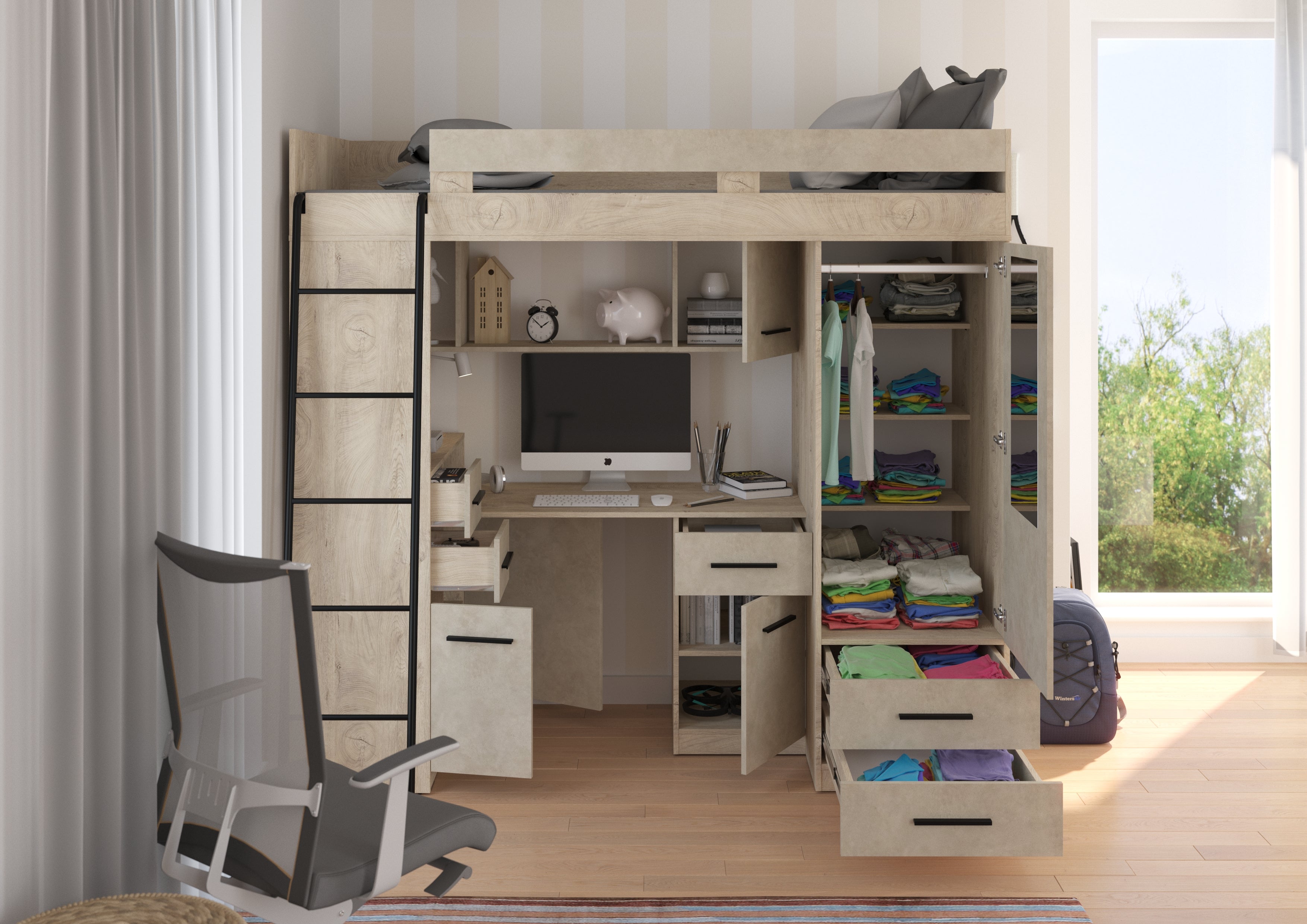 Etagenbett SMY-L mit Leiter links, Kleiderschrank, Schreibtisch und viele Regale