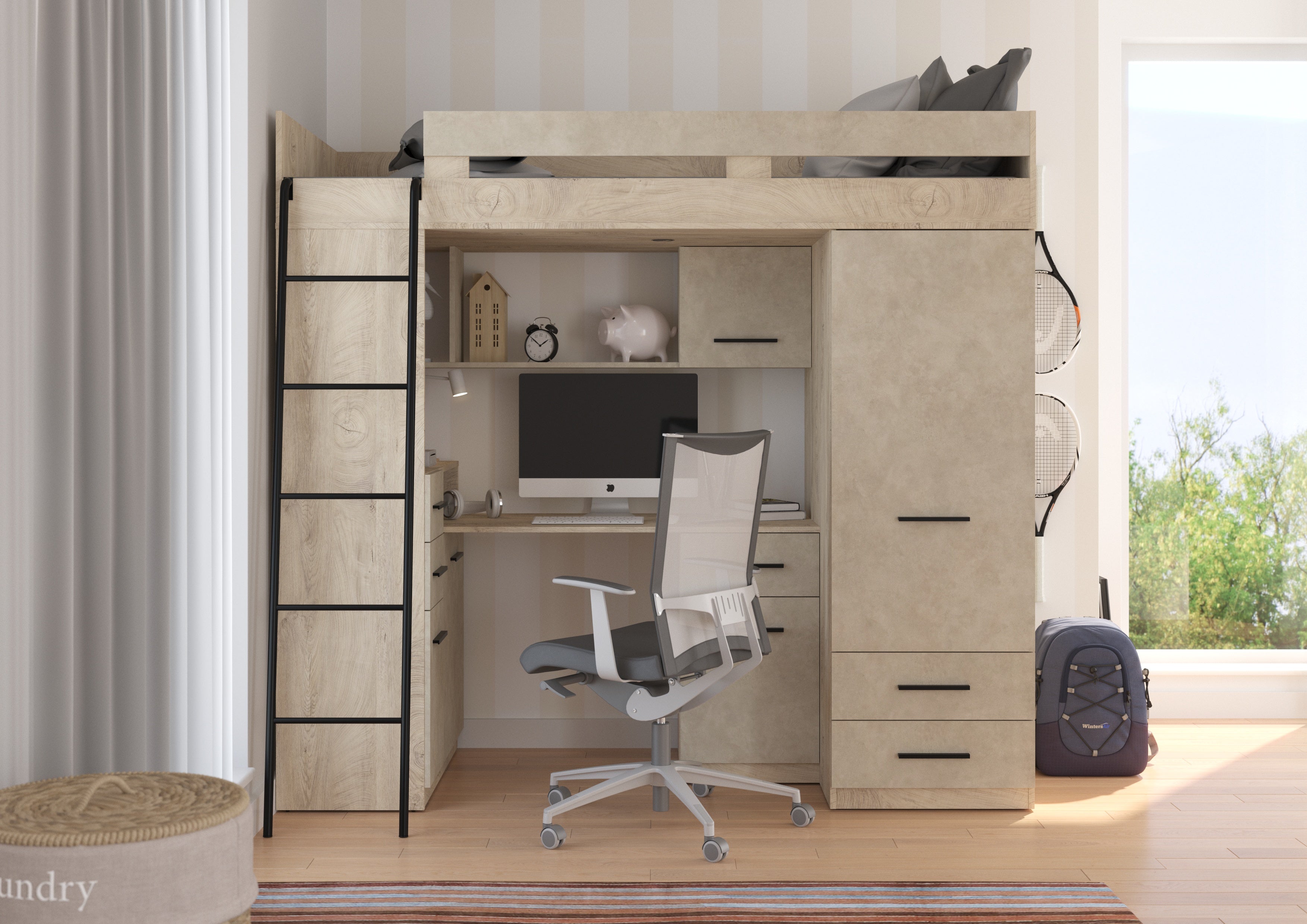 Etagenbett SMY-L mit Leiter links, Kleiderschrank, Schreibtisch und viele Regale