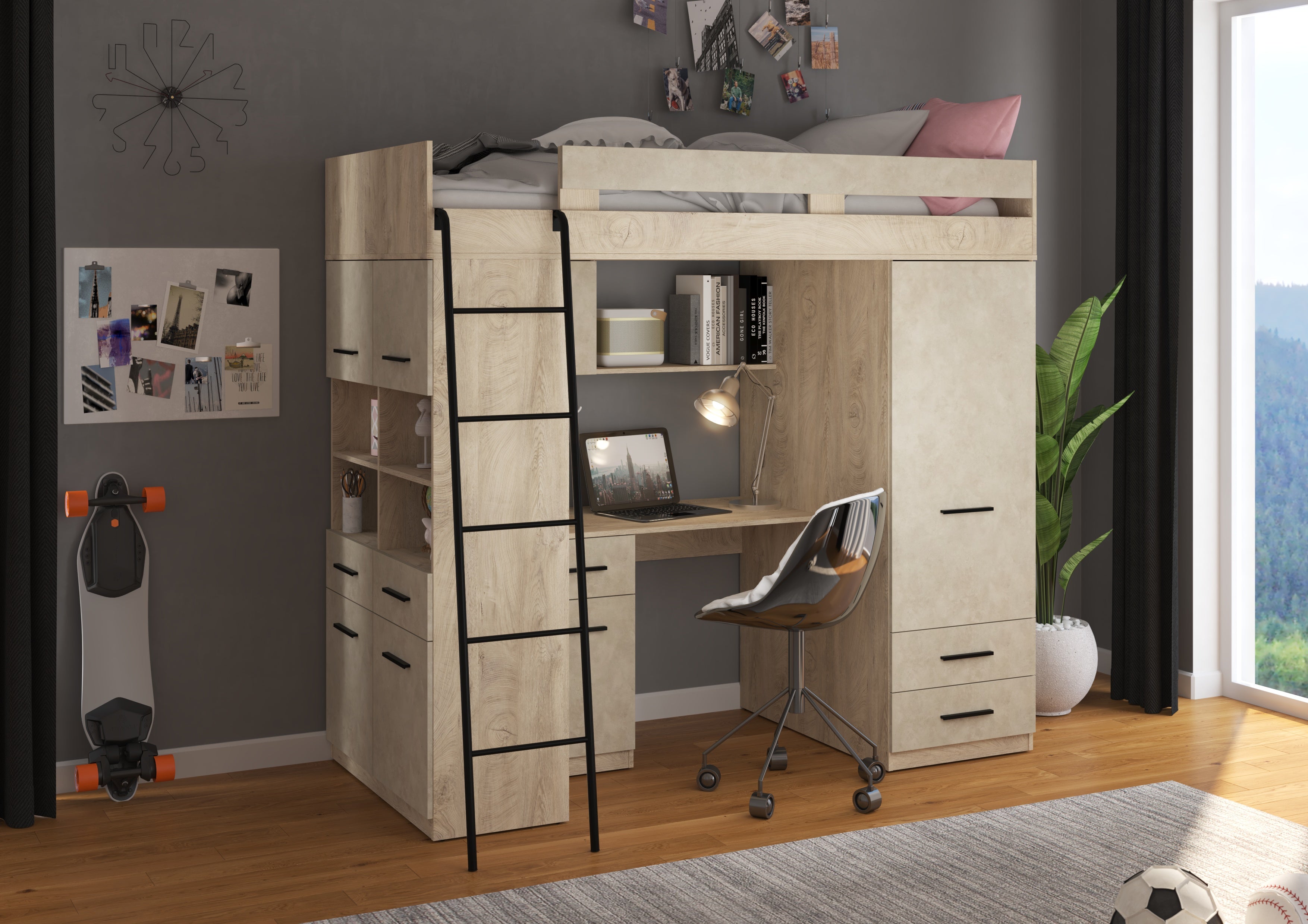 Etagenbett LEV-L mit Leiter links, Kleiderschrank, Schreibtisch und viele Regale