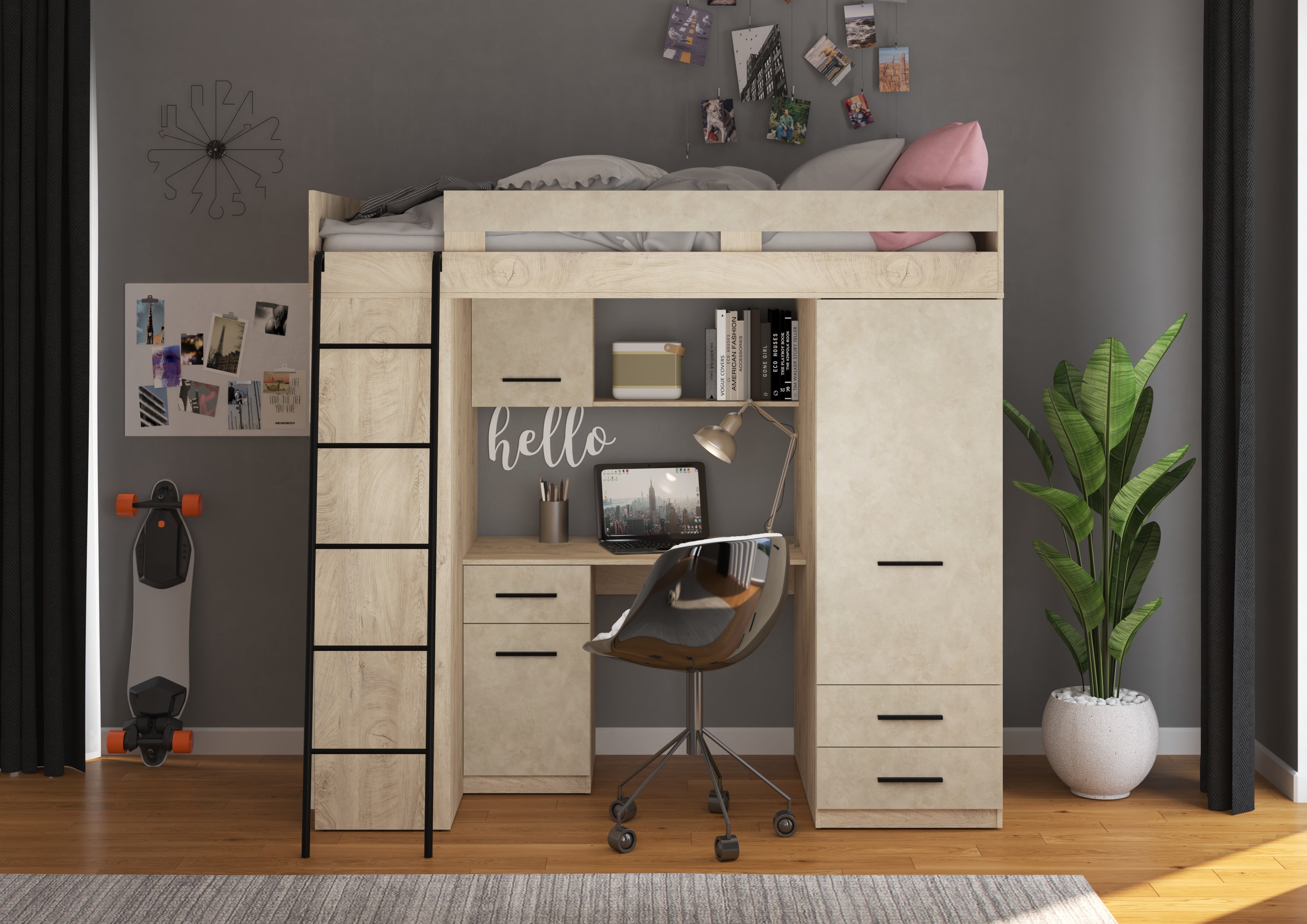 Etagenbett LEV-L mit Leiter links, Kleiderschrank, Schreibtisch und viele Regale
