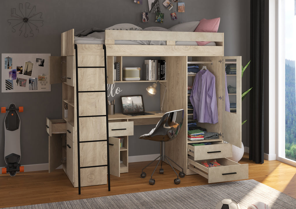 Etagenbett LEV-L mit Leiter links, Kleiderschrank, Schreibtisch und viele Regale