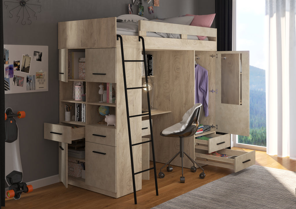 Etagenbett LEV-L mit Leiter links, Kleiderschrank, Schreibtisch und viele Regale
