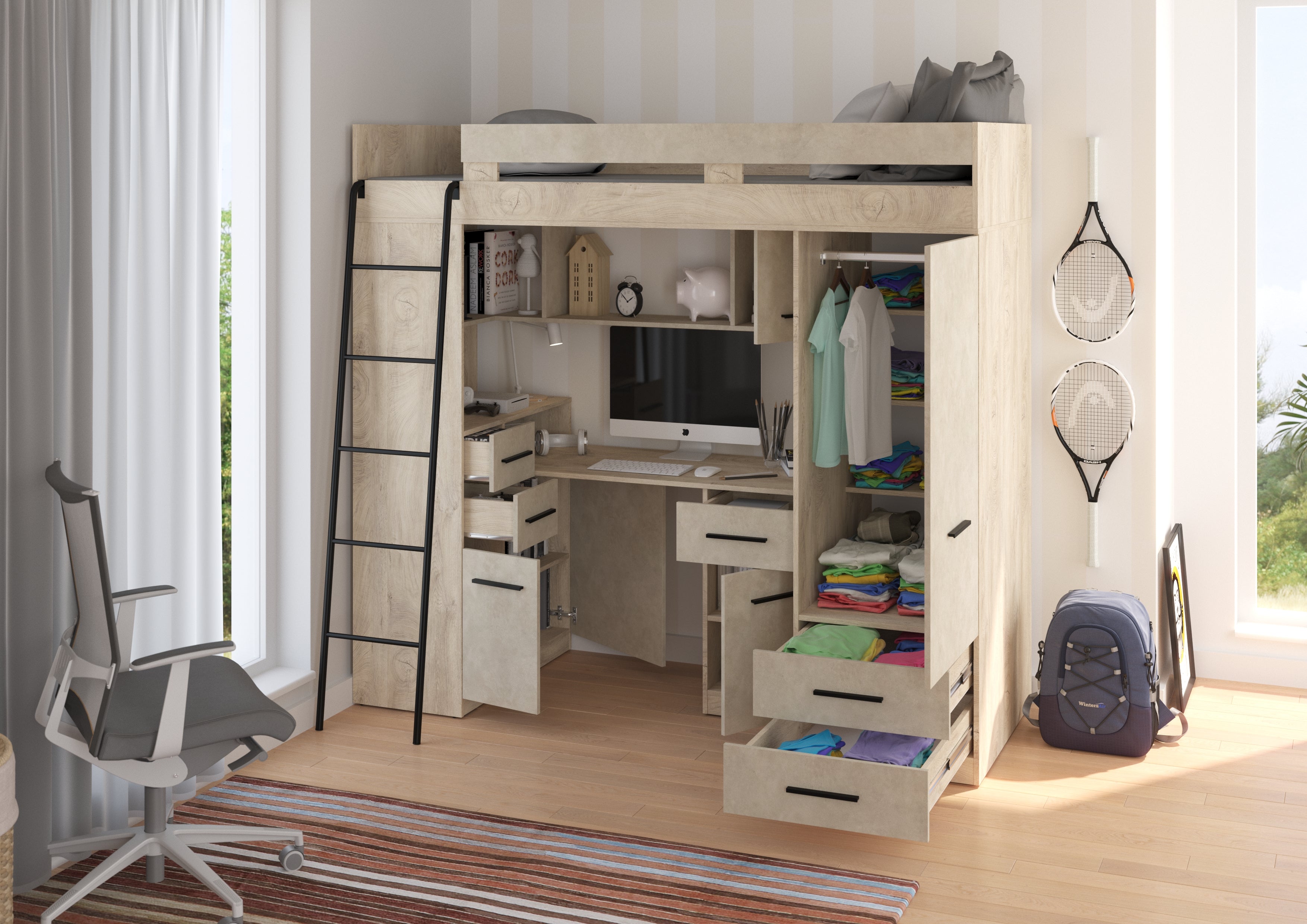 Etagenbett SMY-L mit Leiter links, Kleiderschrank, Schreibtisch und viele Regale