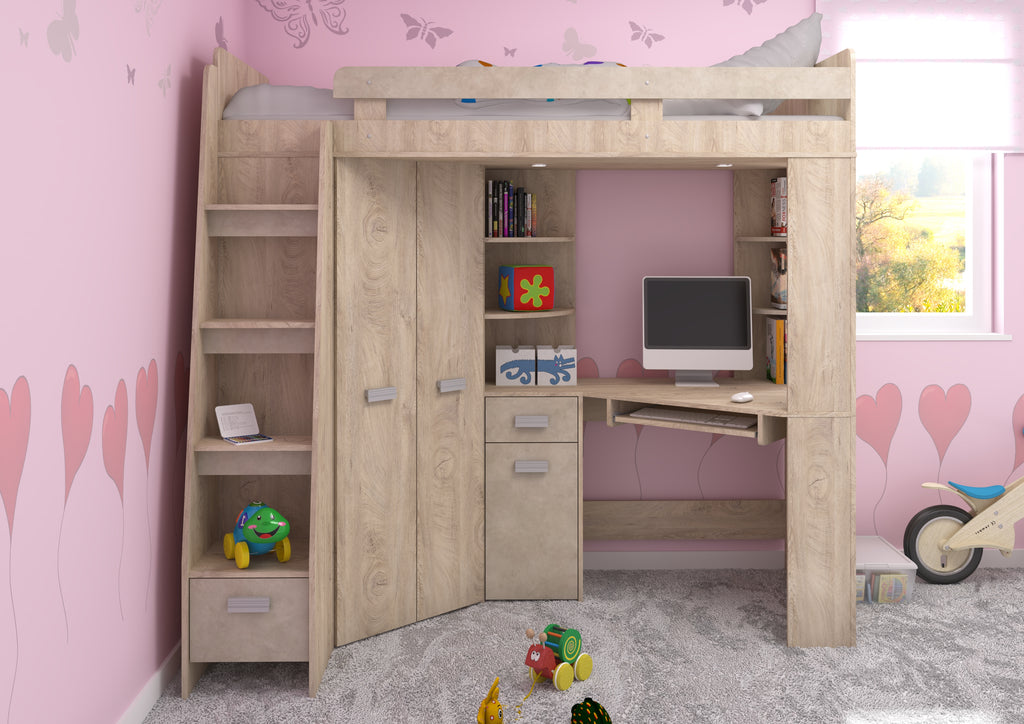 Etagenbett ANT-L mit funktionaler Treppe links, Eckkleiderschrank und Schreibtisch