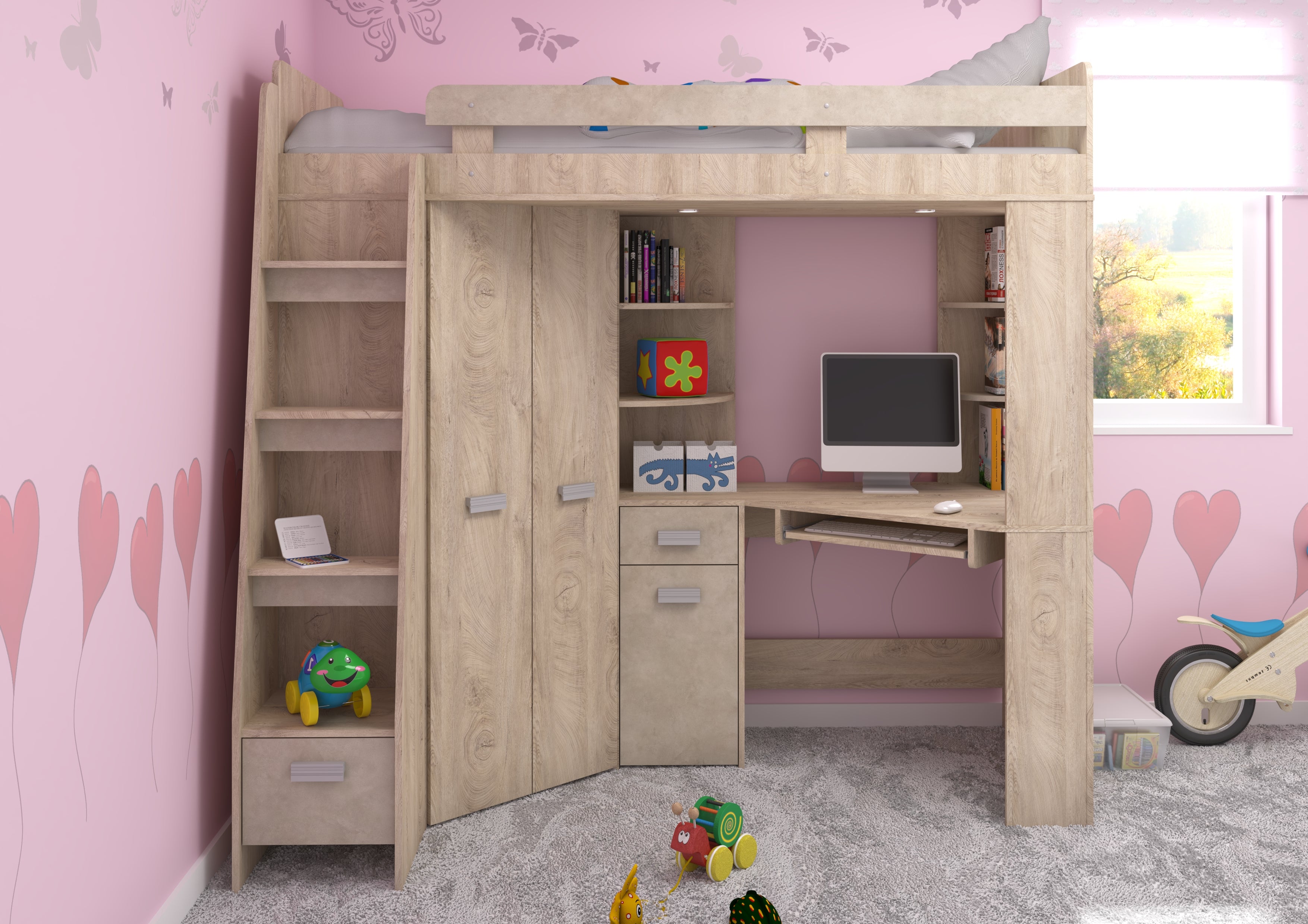 Etagenbett ANT-L mit funktionaler Treppe links, Eckkleiderschrank und Schreibtisch