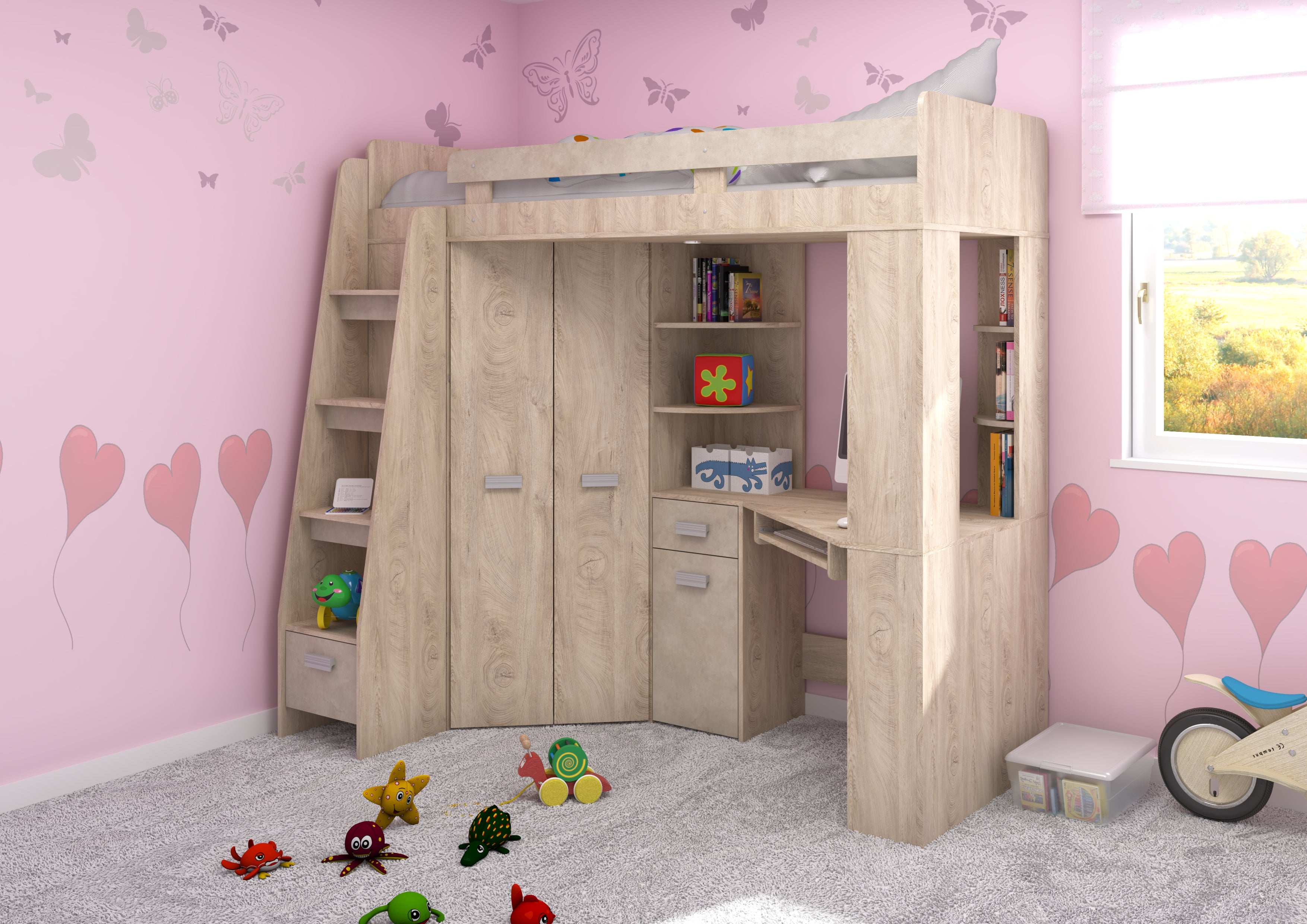 Etagenbett ANT-L mit funktionaler Treppe links, Eckkleiderschrank und Schreibtisch