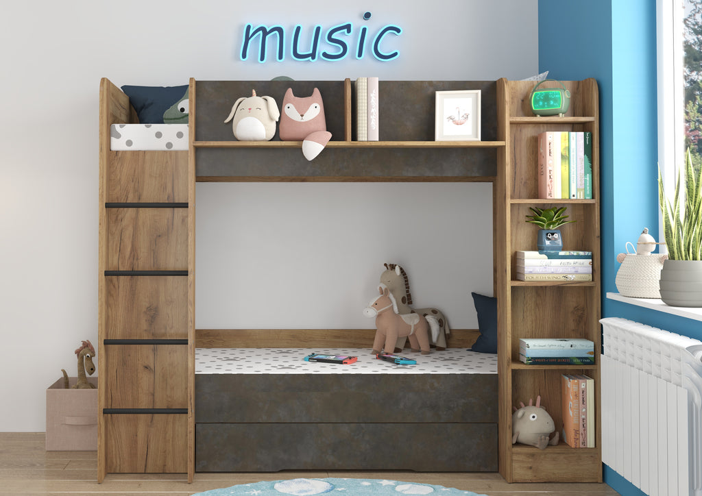 Etagenbett EVE-L für 2 Personen – 2 × 80 × 200 cm mit Schublade und Regalen