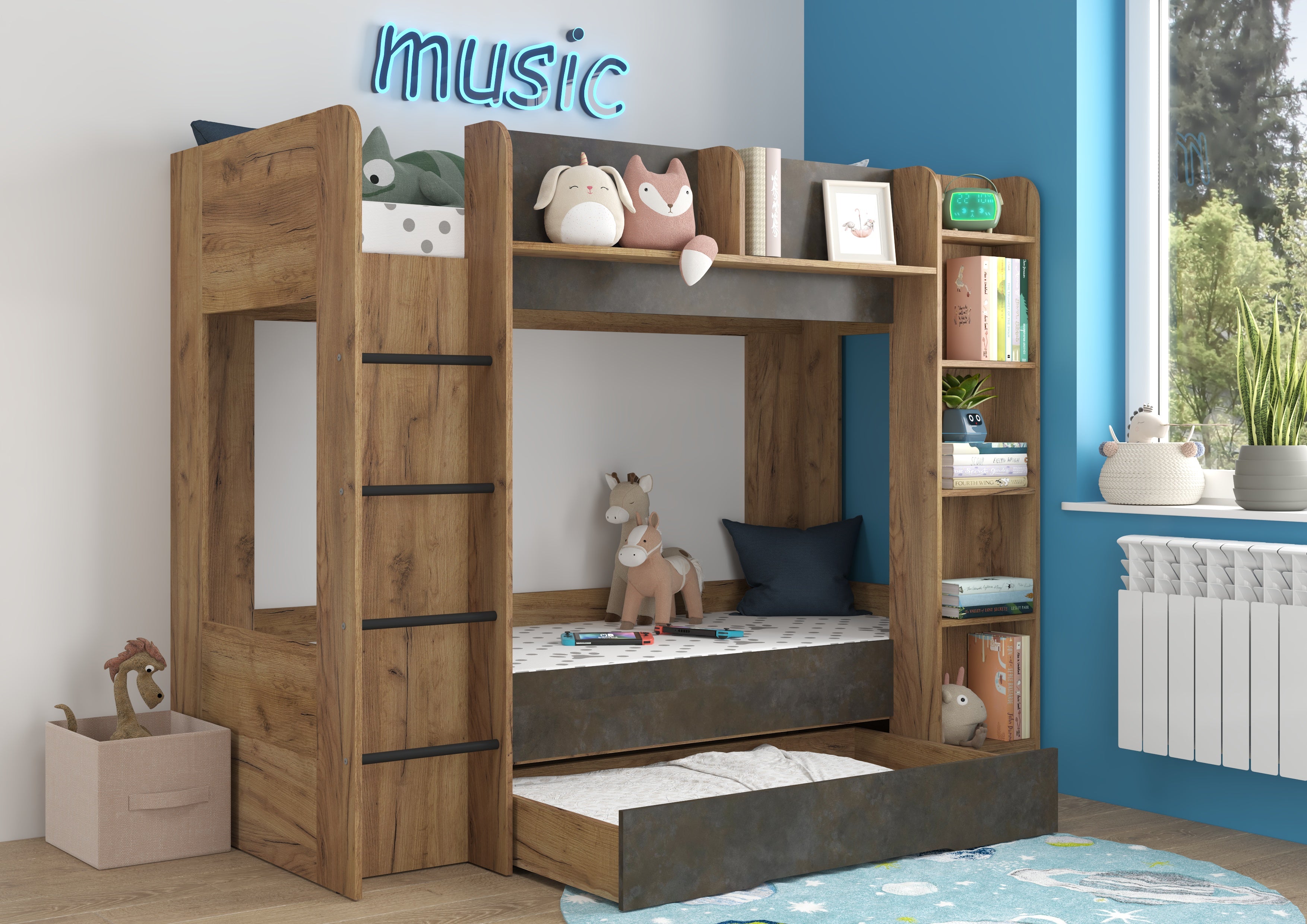 Etagenbett EVE-L für 2 Personen – 2 × 80 × 200 cm mit Schublade und Regalen