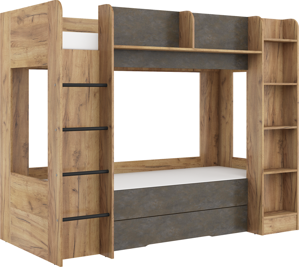 Etagenbett EVE-L für 2 Personen – 2 × 80 × 200 cm mit Schublade und Regalen