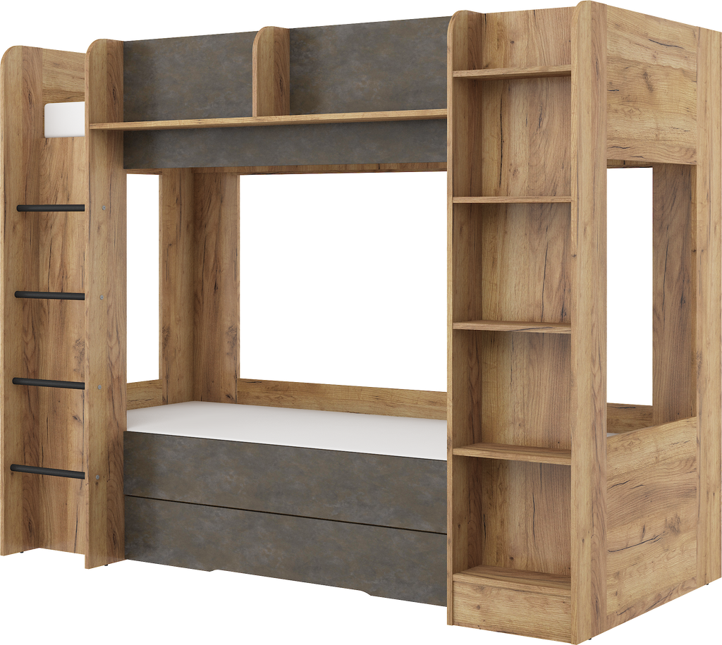 Etagenbett EVE-L für 2 Personen – 2 × 80 × 200 cm mit Schublade und Regalen